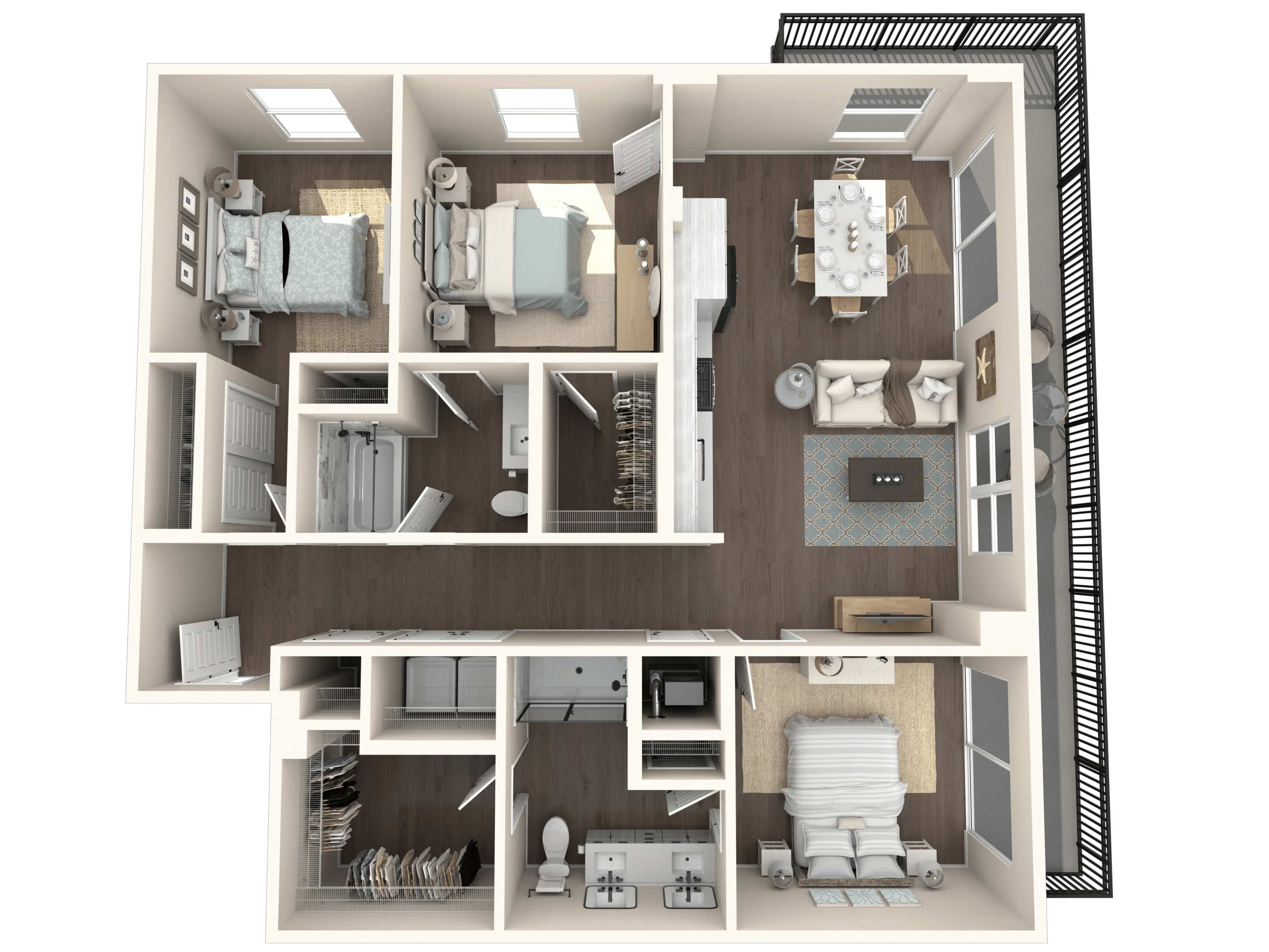 1340 square foot three bedroom two bath apartment floor plan image