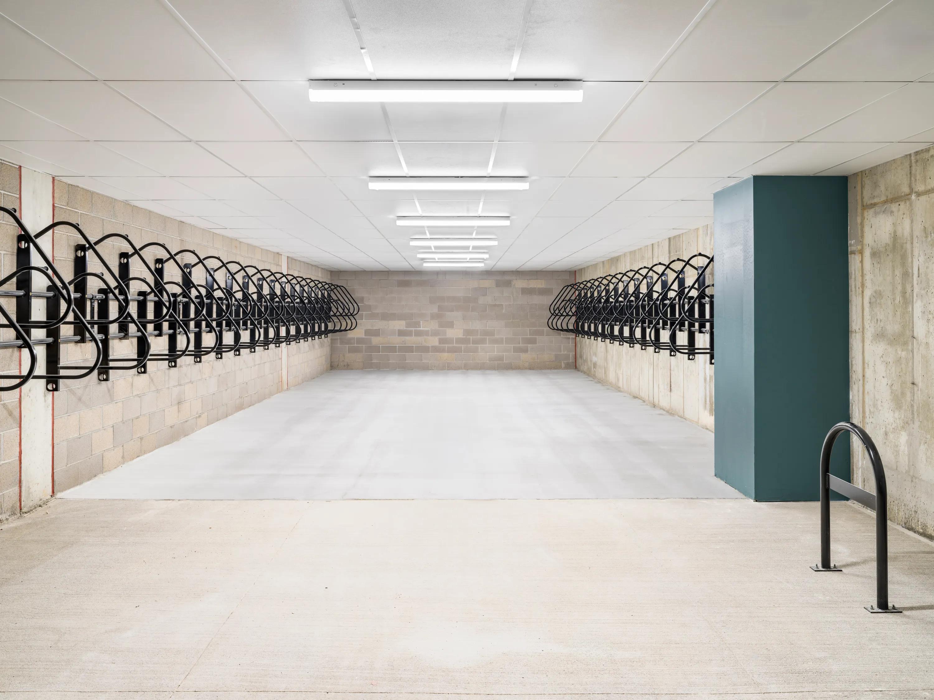 Dedicated bicycle storage area with bike lockers modera university park denver co