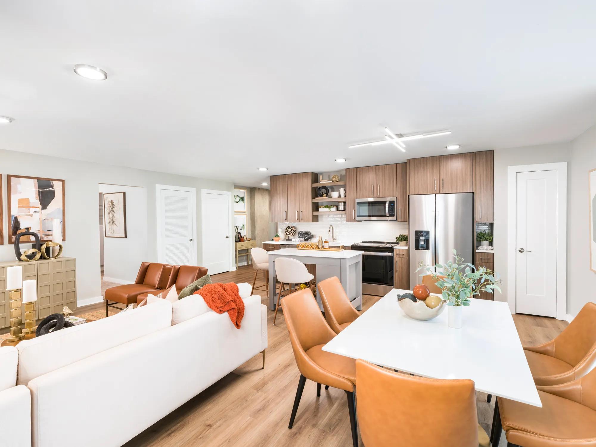 open floor plan with dining and seating area adjacent to kitchen modera loso apartment homes for rent in charlotte nc