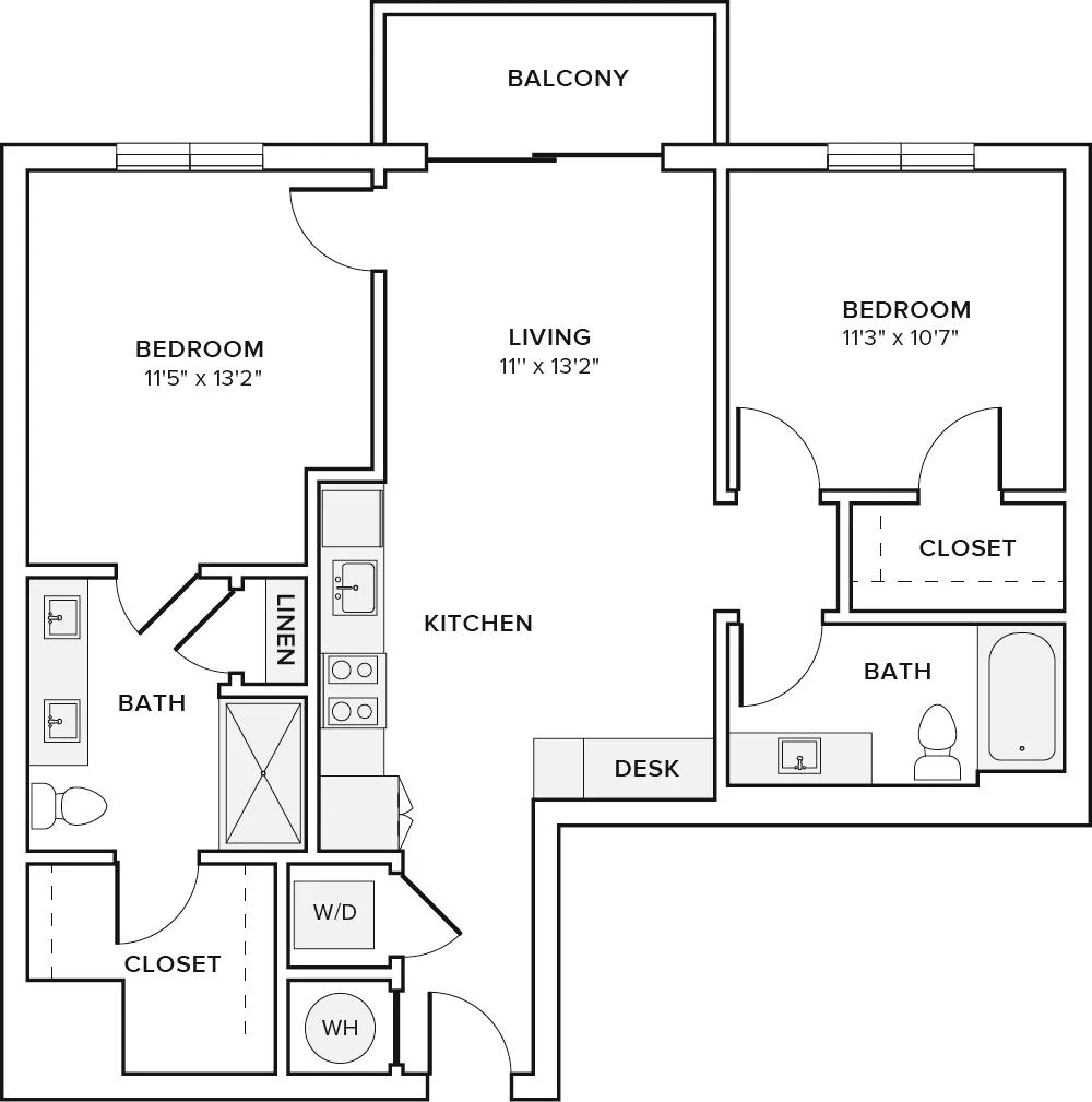 976 square foot two bedroom two bath apartment floorplan in Davie, FL
