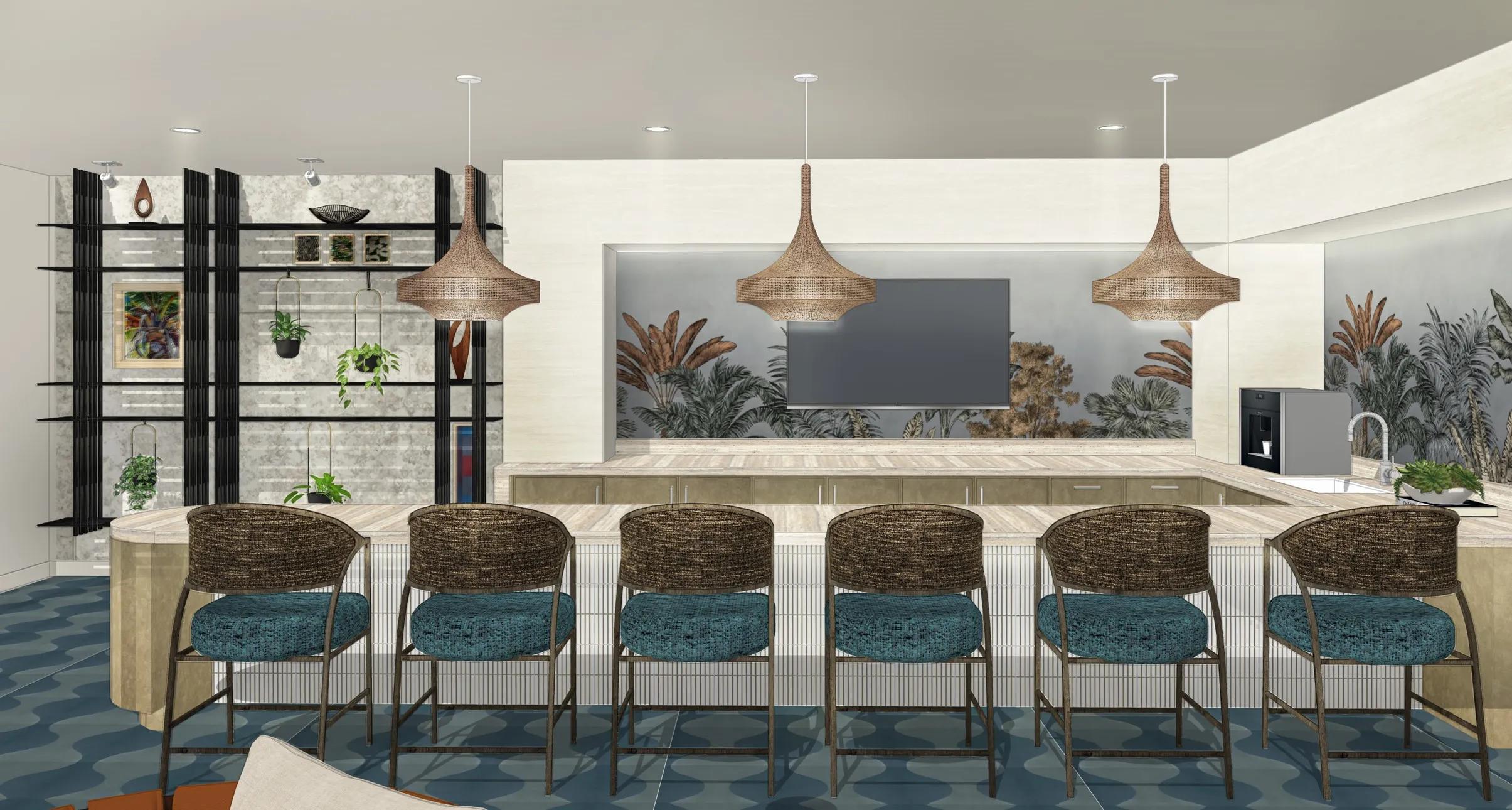 community dining and kitchen area with coffee bar modera melrose apartments for rent in oceanside ca