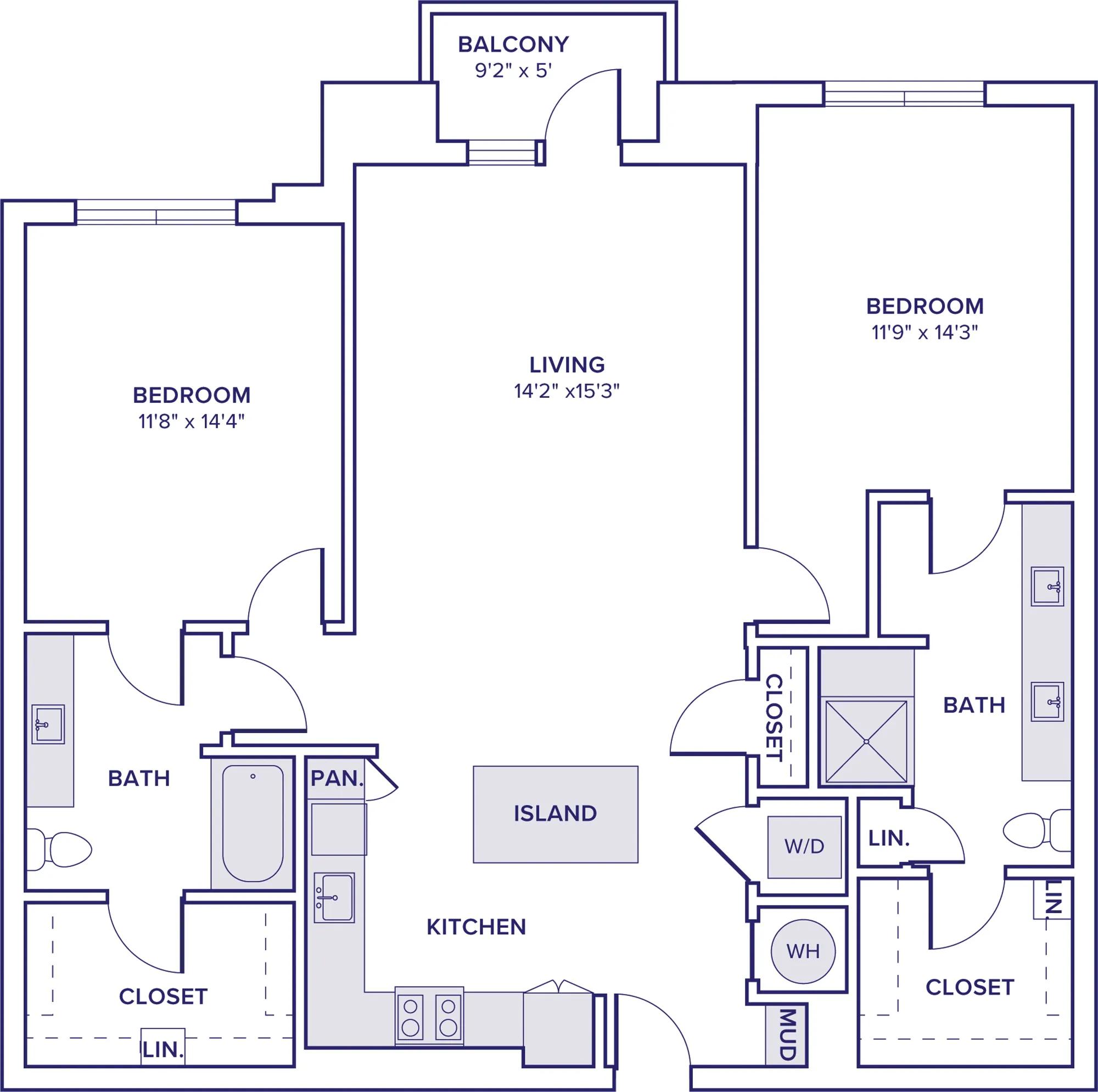 1328 square foot two bedroom two bath apartment floor plan in McKinney, TX