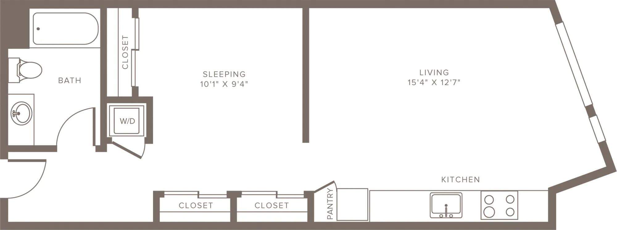 653 square foot one bedroom one bath apartment floorplan image