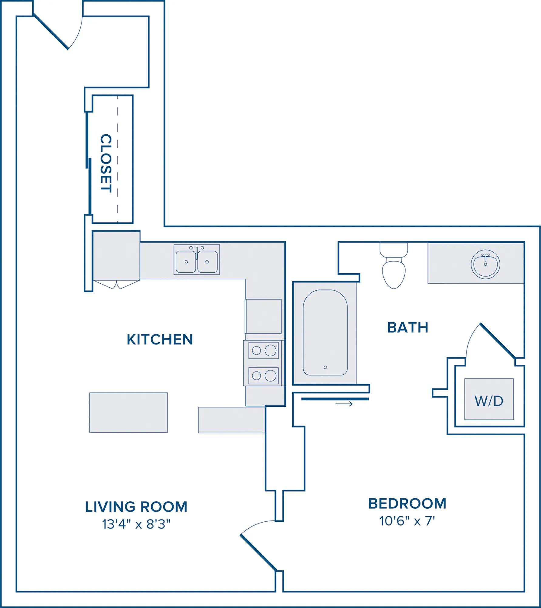 One bedroom one bathroom 553 square foot floor plan