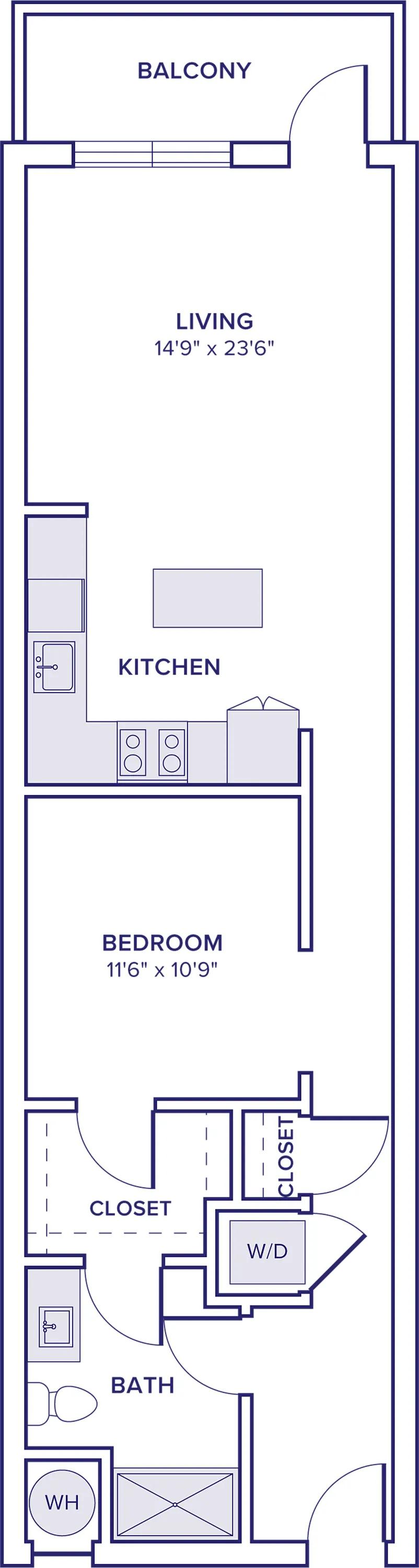 760 square foot studio one bath floor plan in Atlanta, GA