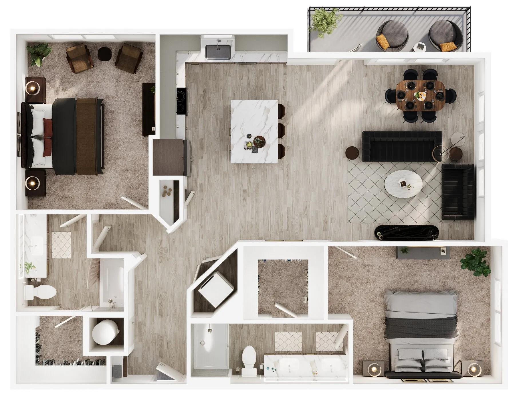 1397 square foot two bed two bath apartment floor plan image