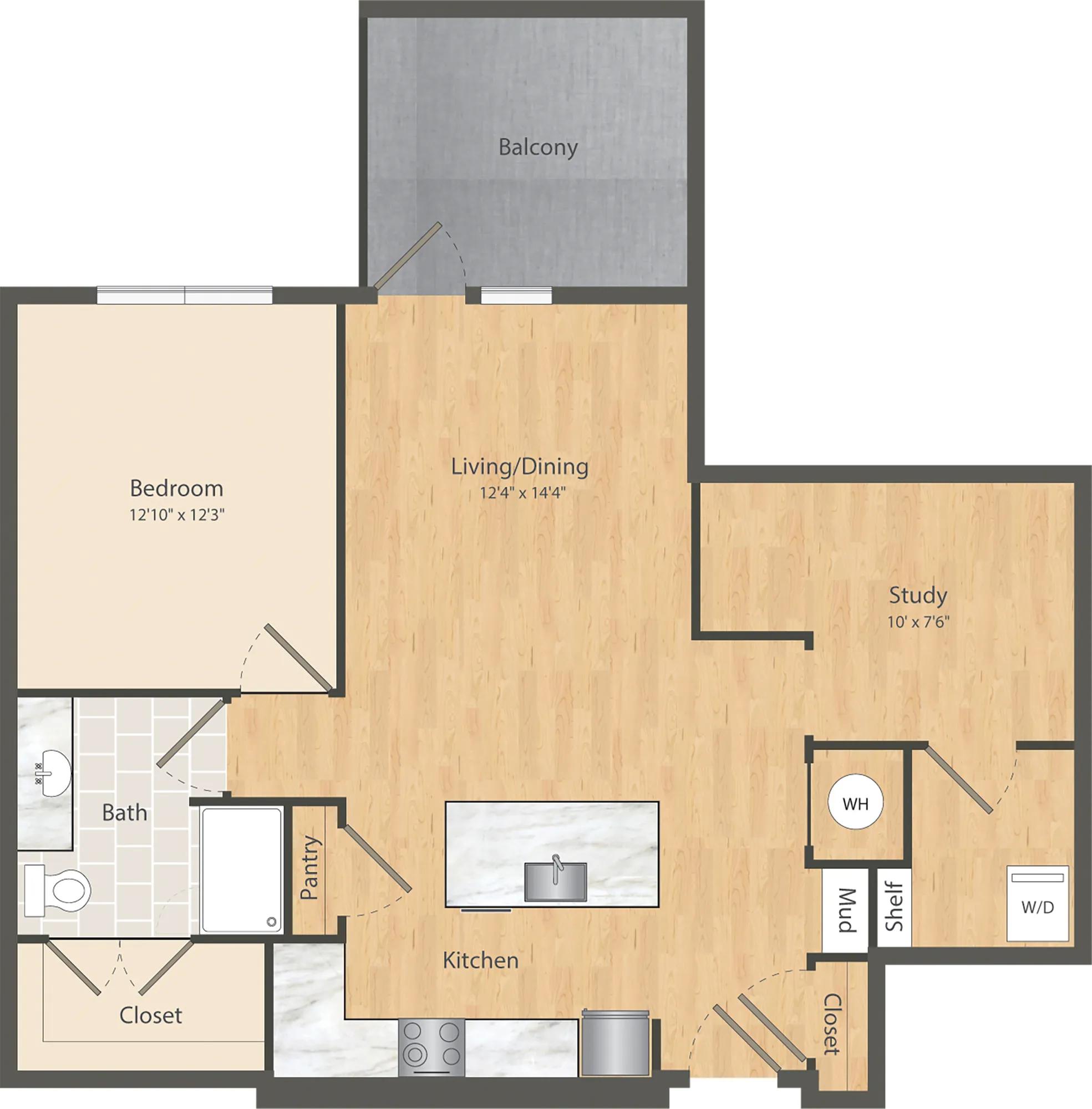 959 square foot one bedroom one bath apartment floor plan in Dallas, TX