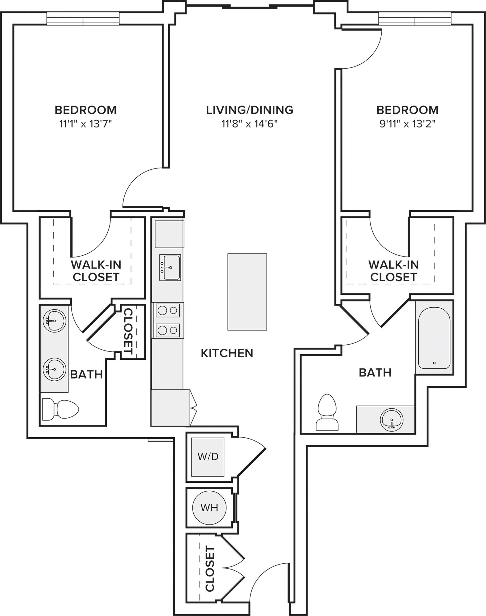 1076 square foot two bedrooms two baths apartment floor plan image in Woodbridge, NJ