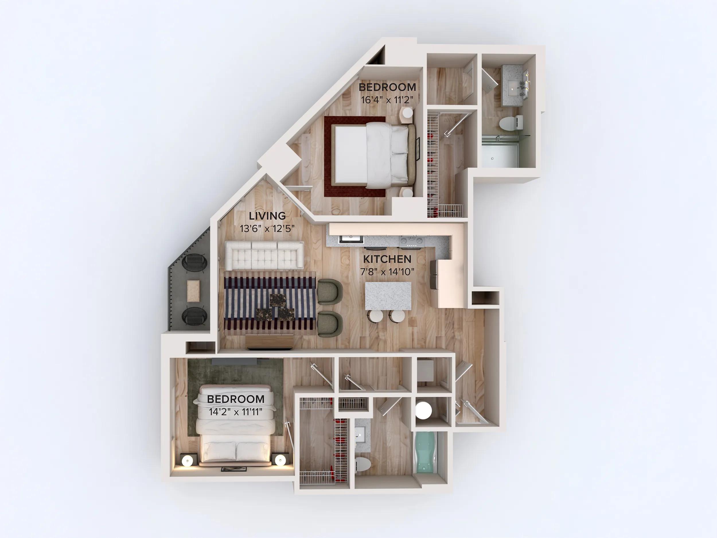 1118 square foot two bed two bath apartment floor plan in Miami, FL