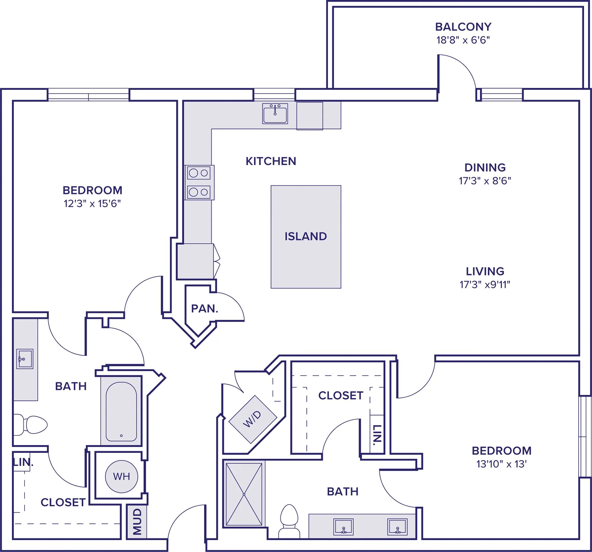 1372 square foot two bedroom two bath apartment floor plan in McKinney, TX