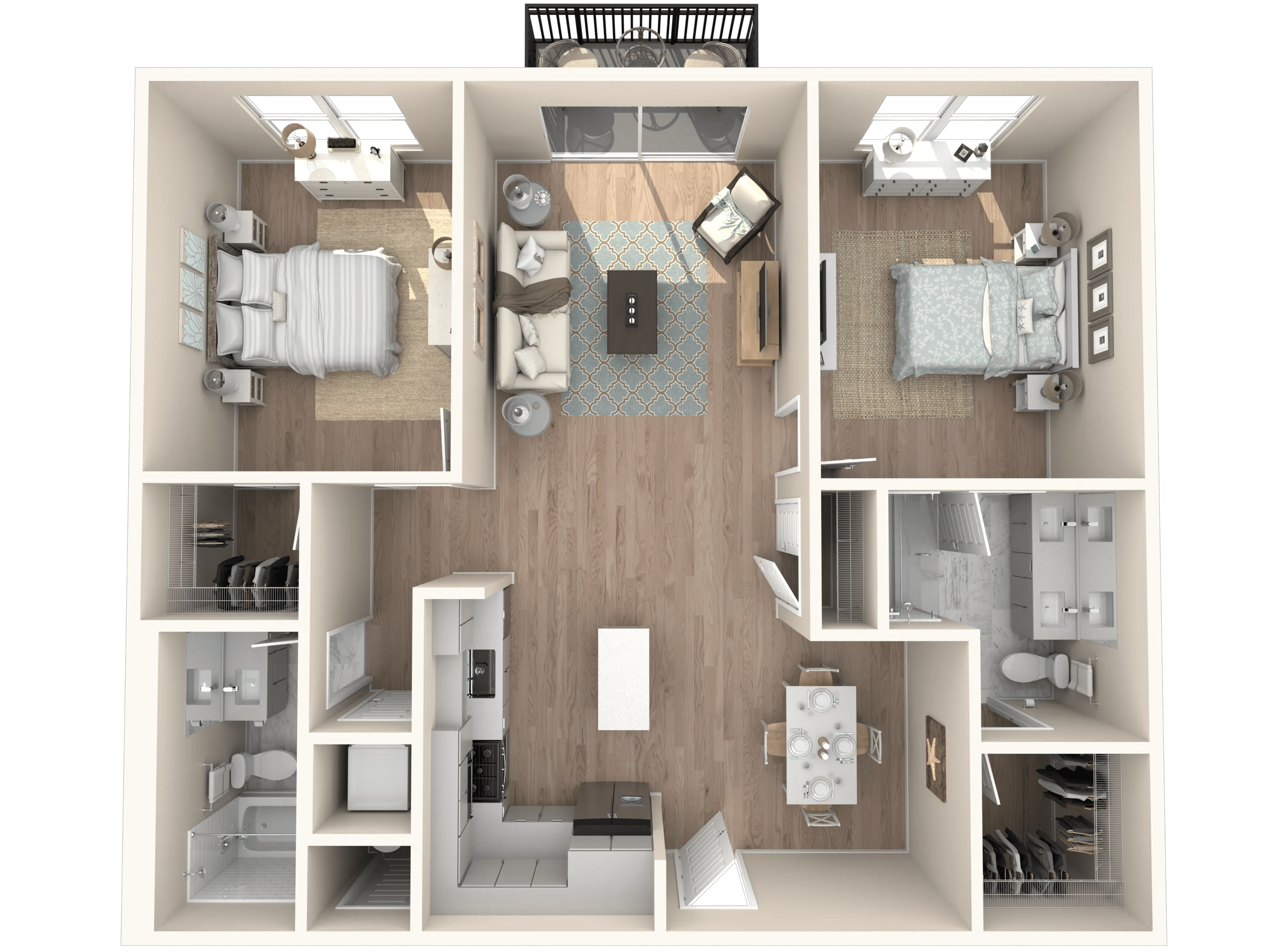 1183 square foot two bed two bath floor plan in Tampa, FL