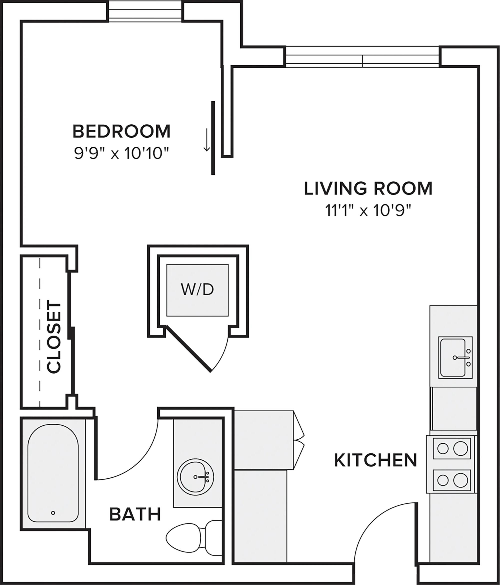 535 square foot one bed one bath apartment floor plan in Portland, OR