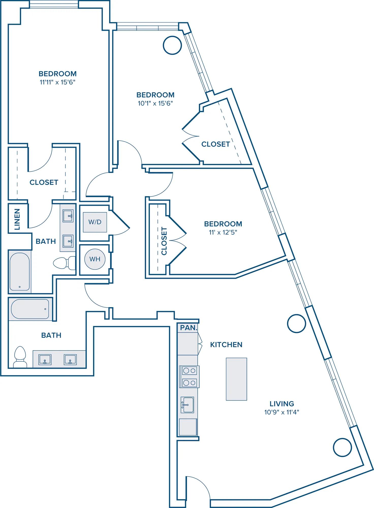 1508 square foot three bedroom two bath apartment floorplan image