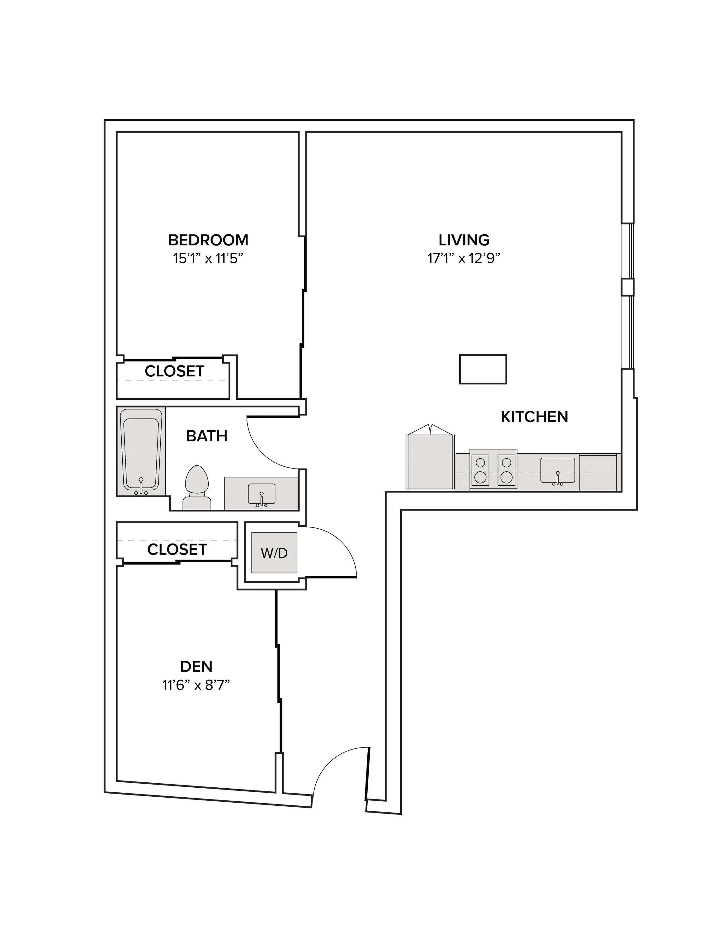 877 square foot one bedroom one bath with den apartment floor plan image