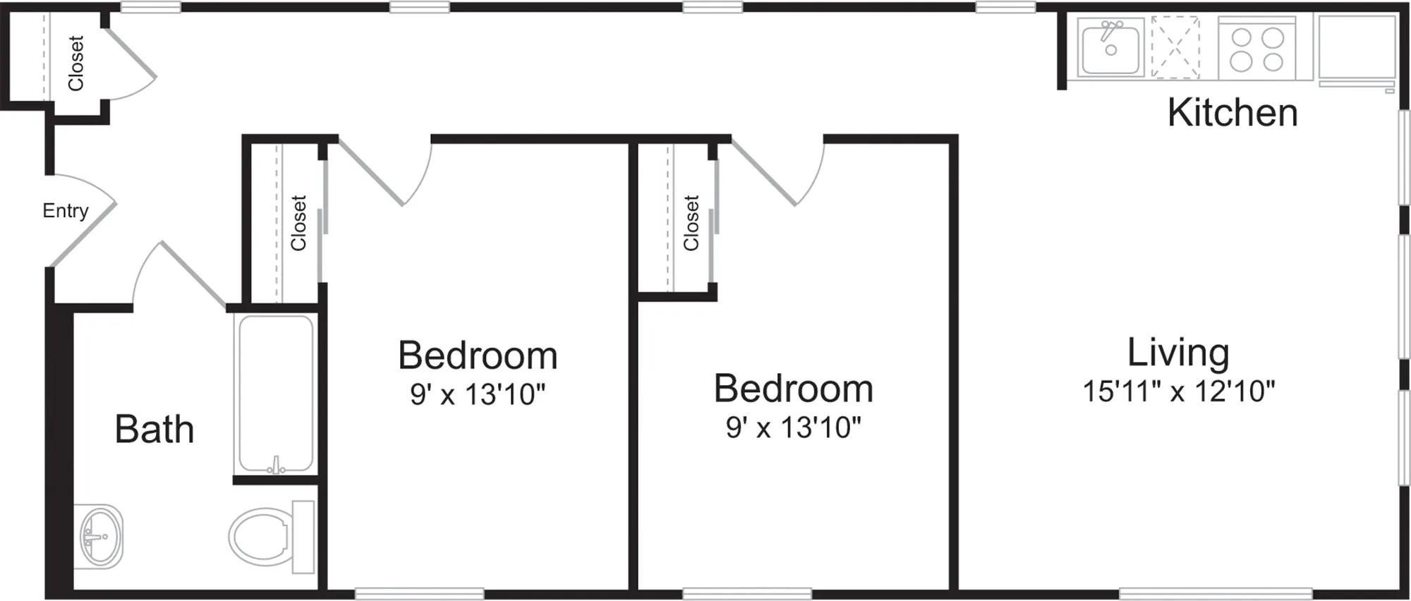 765 square foot two bedroom one bath floor plan image