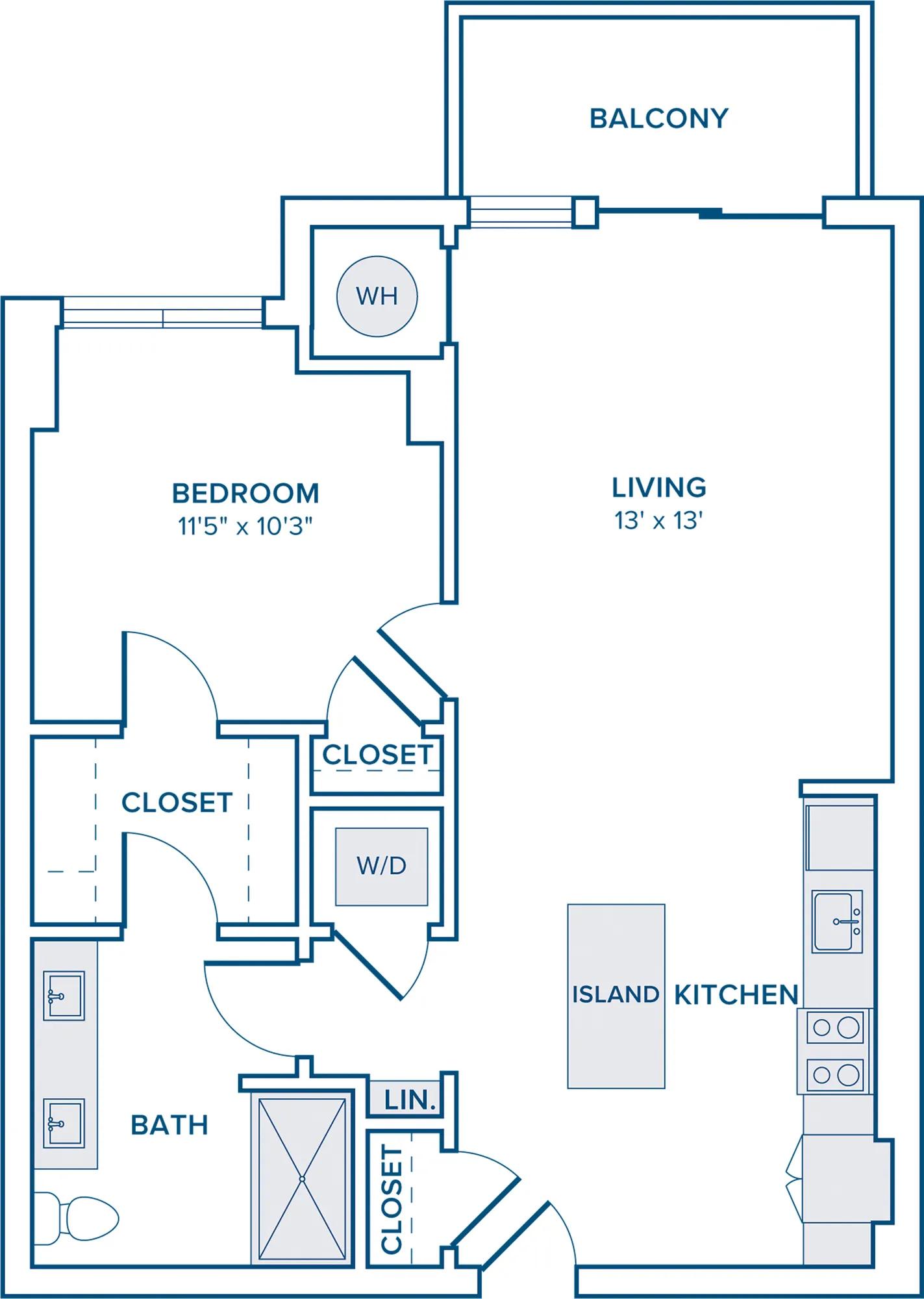 731 square foot one bed one bath apartment floor plan in Nashville, TN