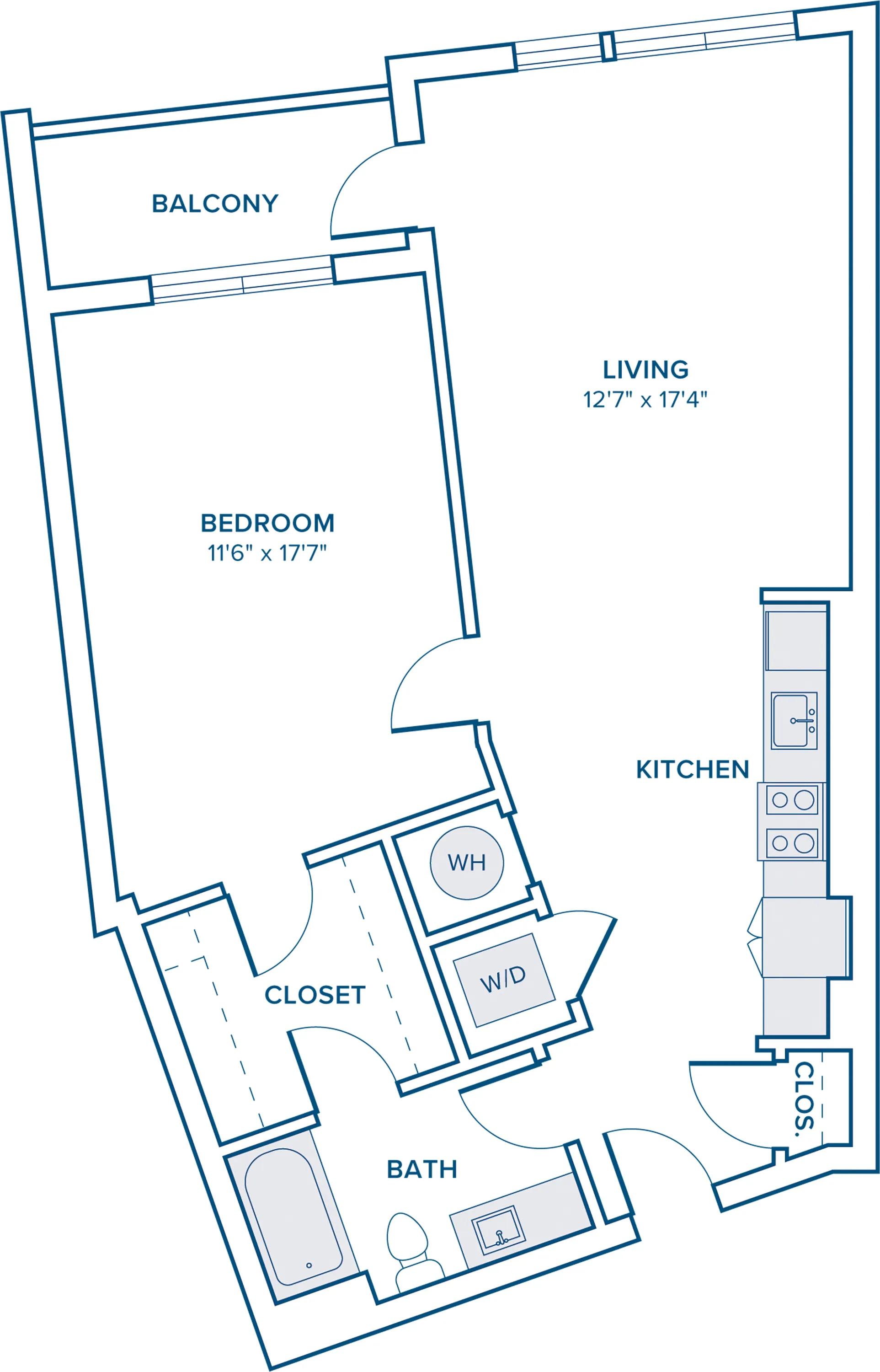 805 square foot one bed one bath apartment floor plan in Nashville, TN