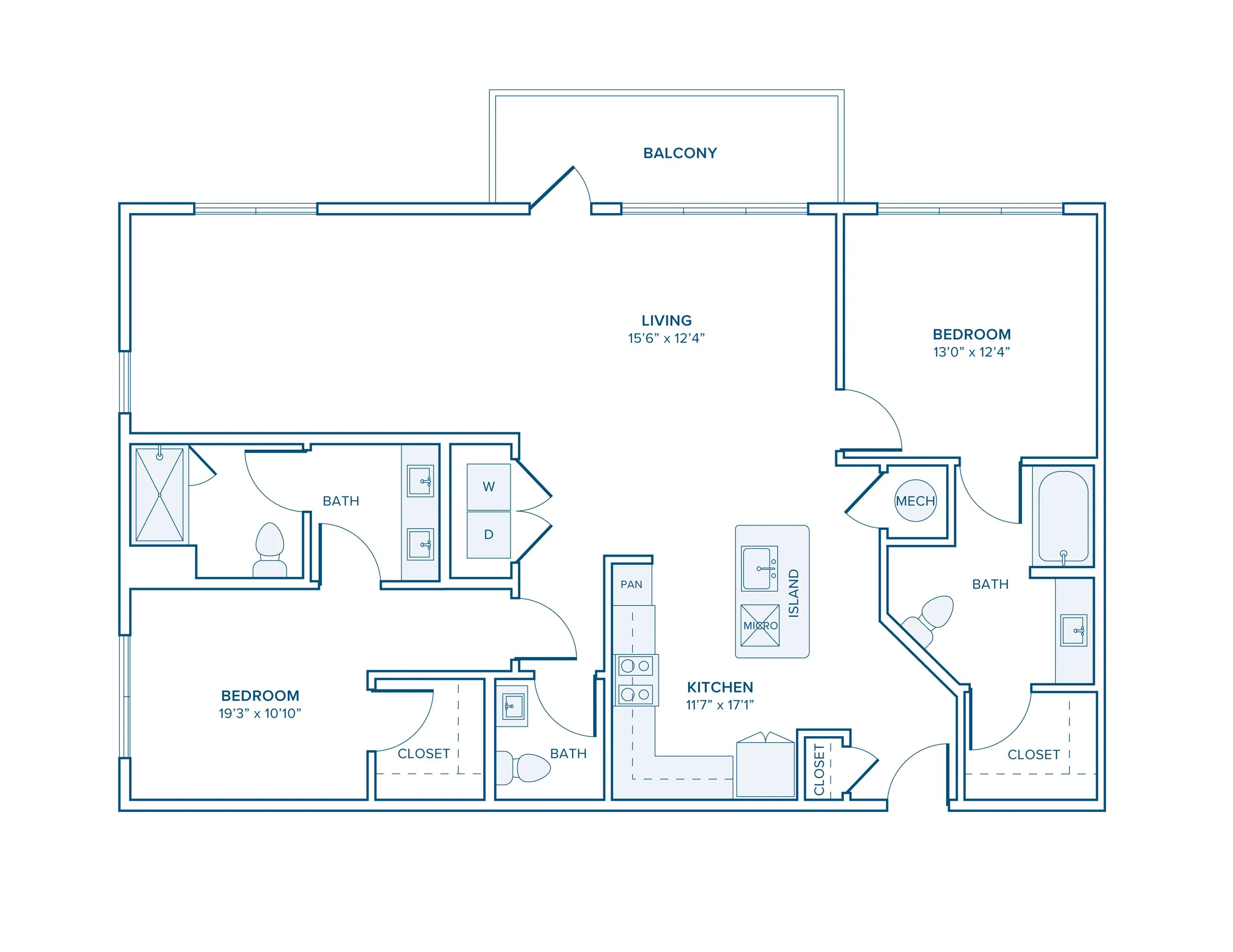 1402 square foot two bedroom two bath apartment floorplan in Charlotte, NC