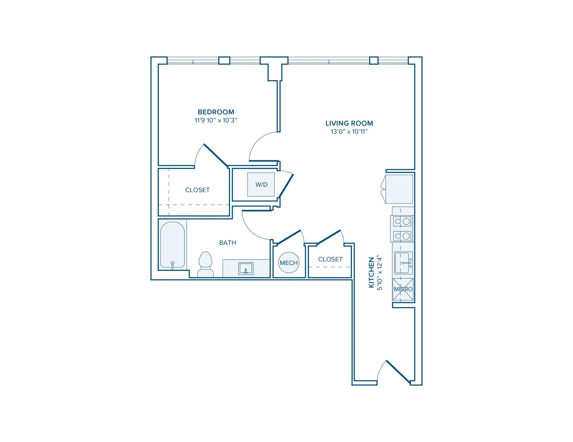 610 square foot one bed one bath apartment floor plan in D.C.