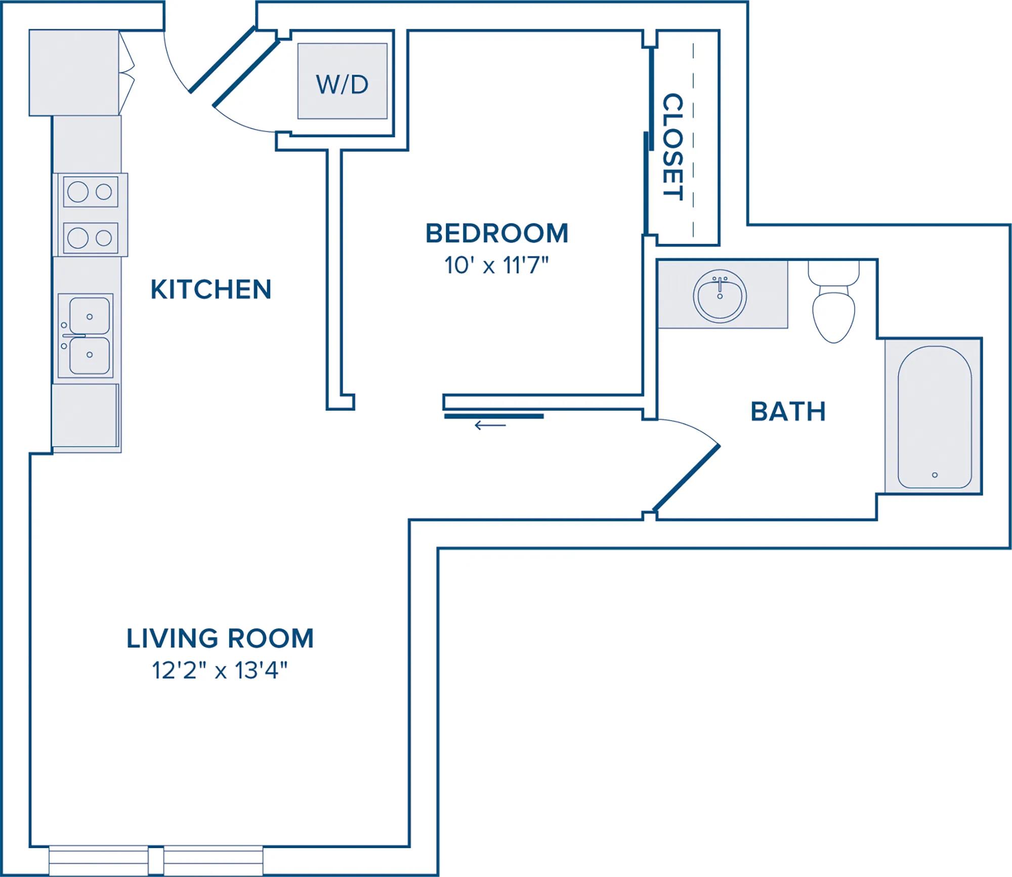 615 square foot one bedroom one bathroom floorplan image