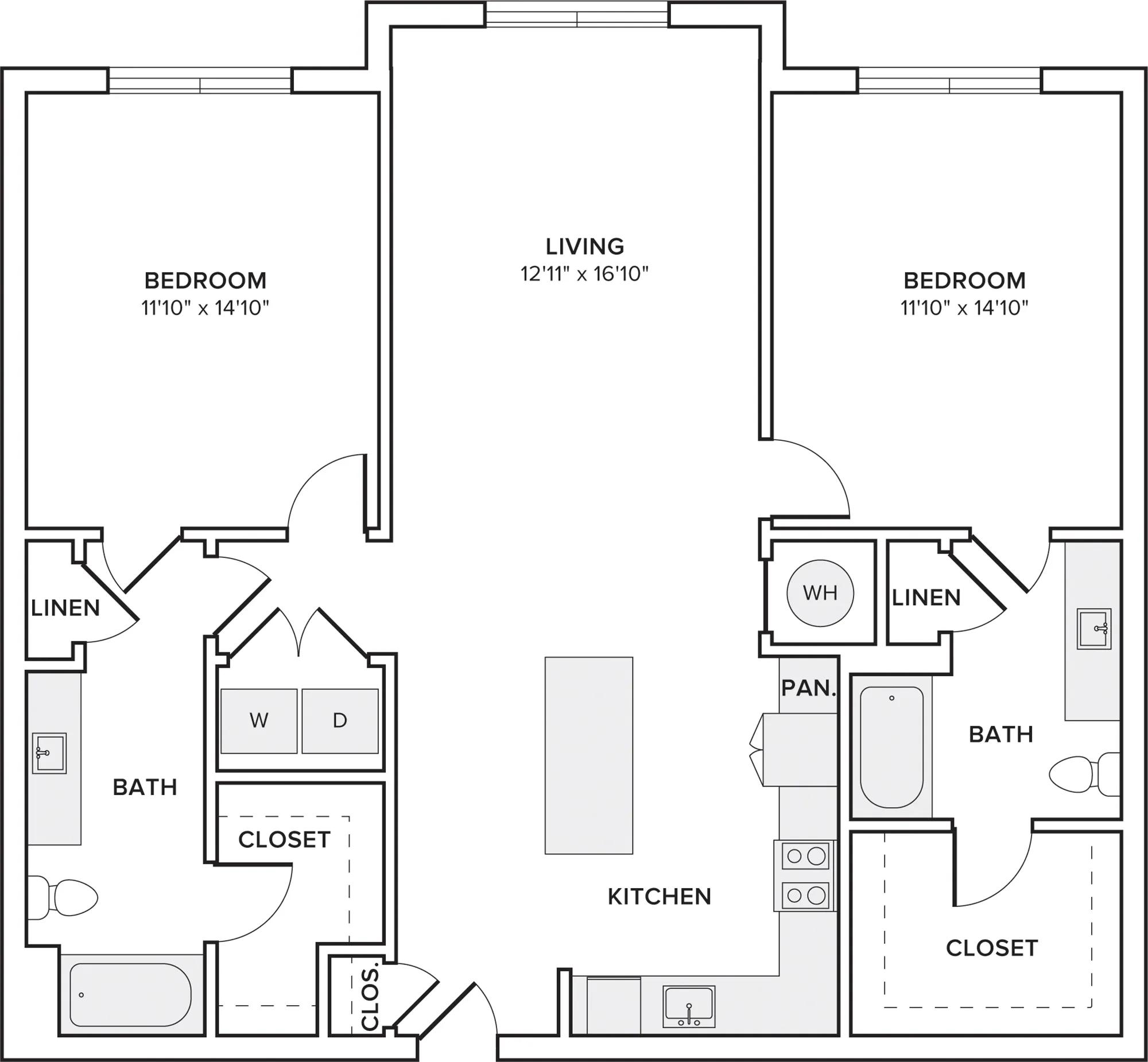 1176 square foot two bedroom two bath apartment floor plan in Houston, TX