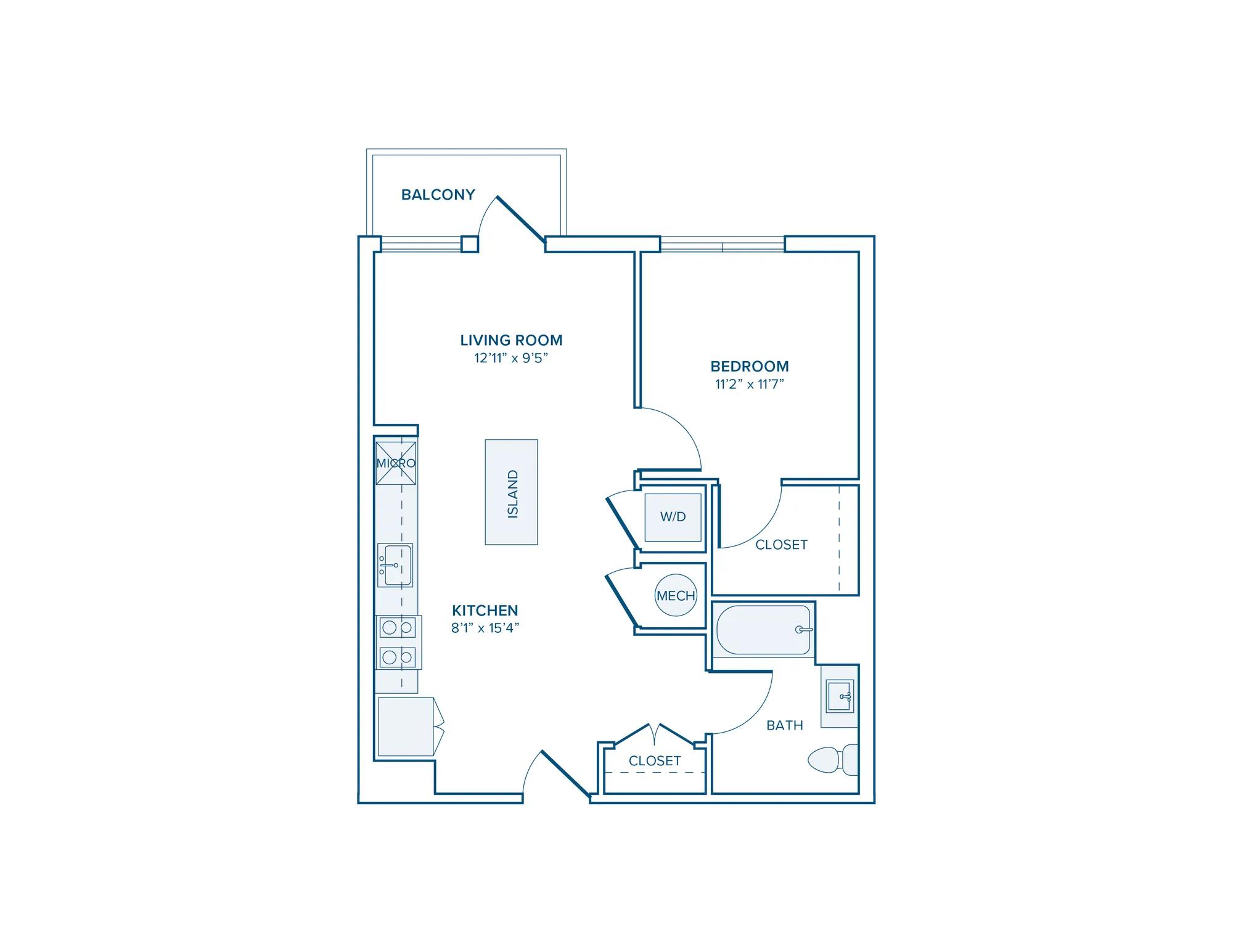 648 square foot one bed one bath apartment floor plan in D.C.