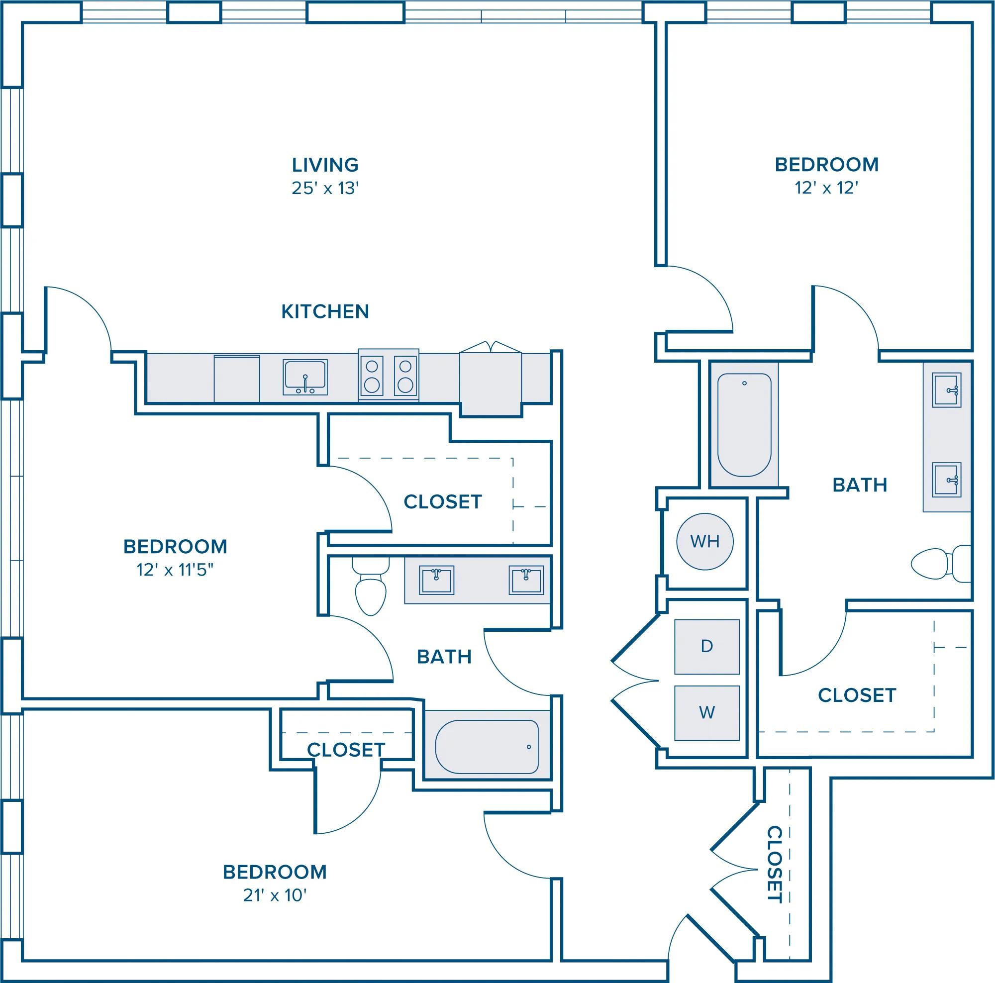 1441 square foot three bed two bath apartment floor plan in Nashville, TN