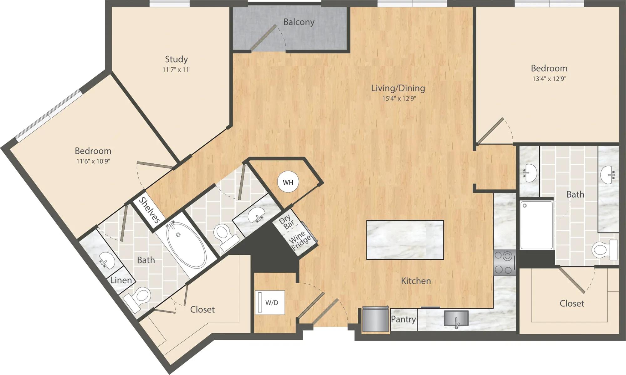 1443 square foot two bed two bath apartment floor plan in Nashville, TN