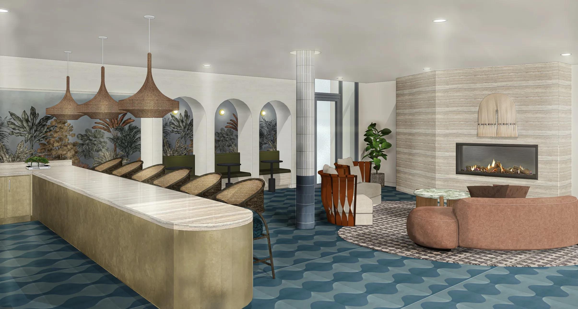Expansive clubroom with gathering space and demonstration kitchen modera melrose apartments in oceanside ca