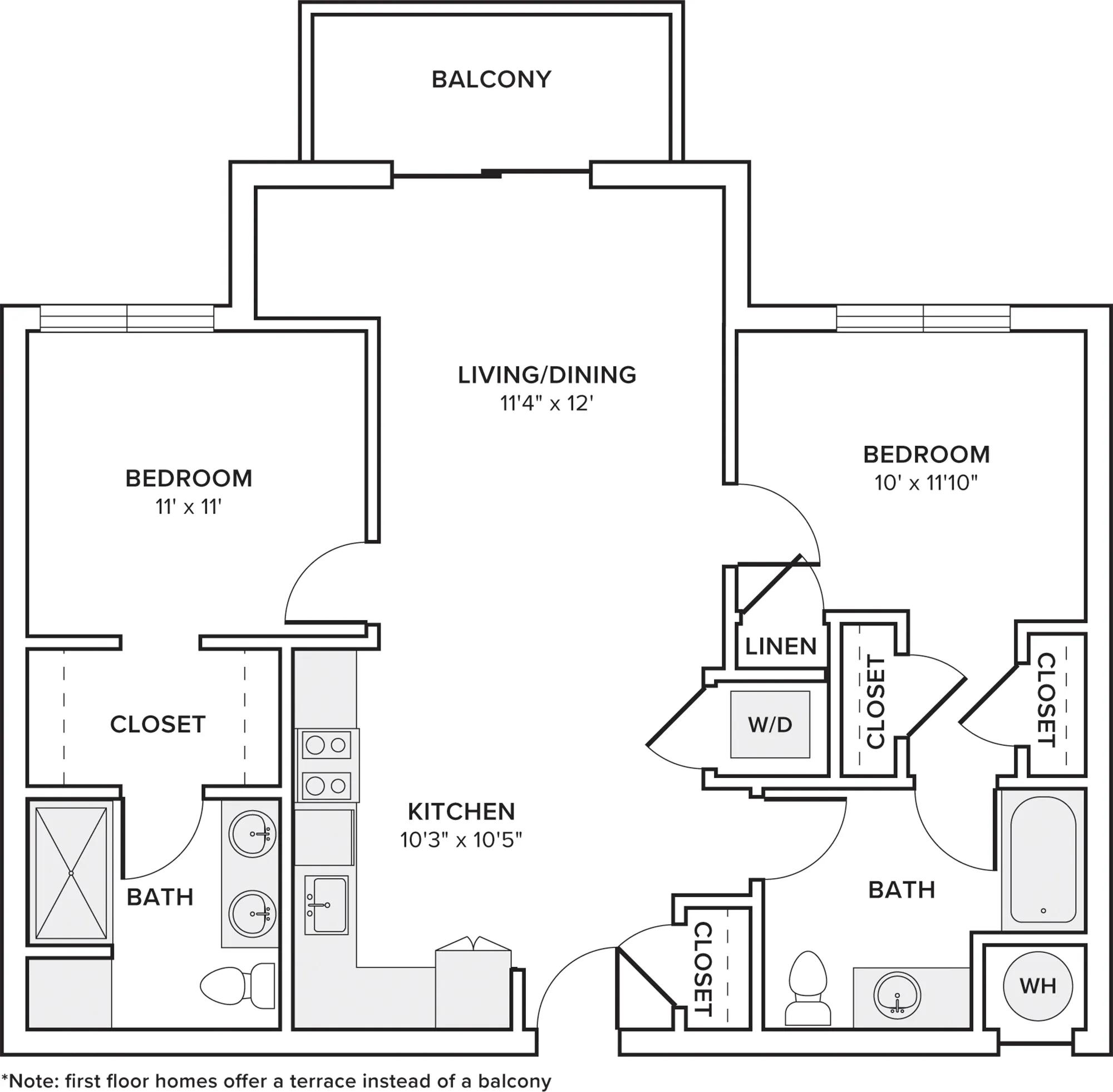 1013 square foot two bedroom two bathroom apartment floorplan image