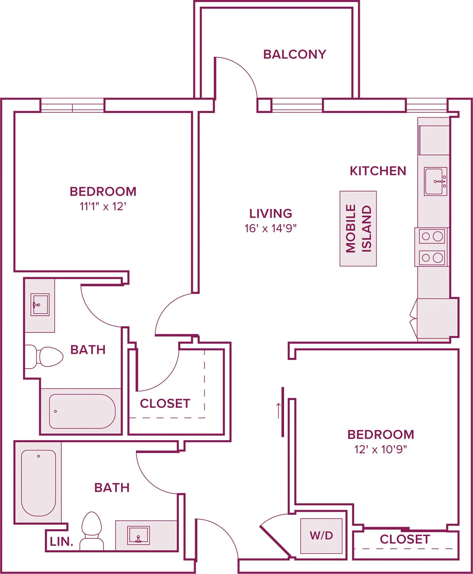 858 square foot two bed two bath floor plan in Argyle, CA