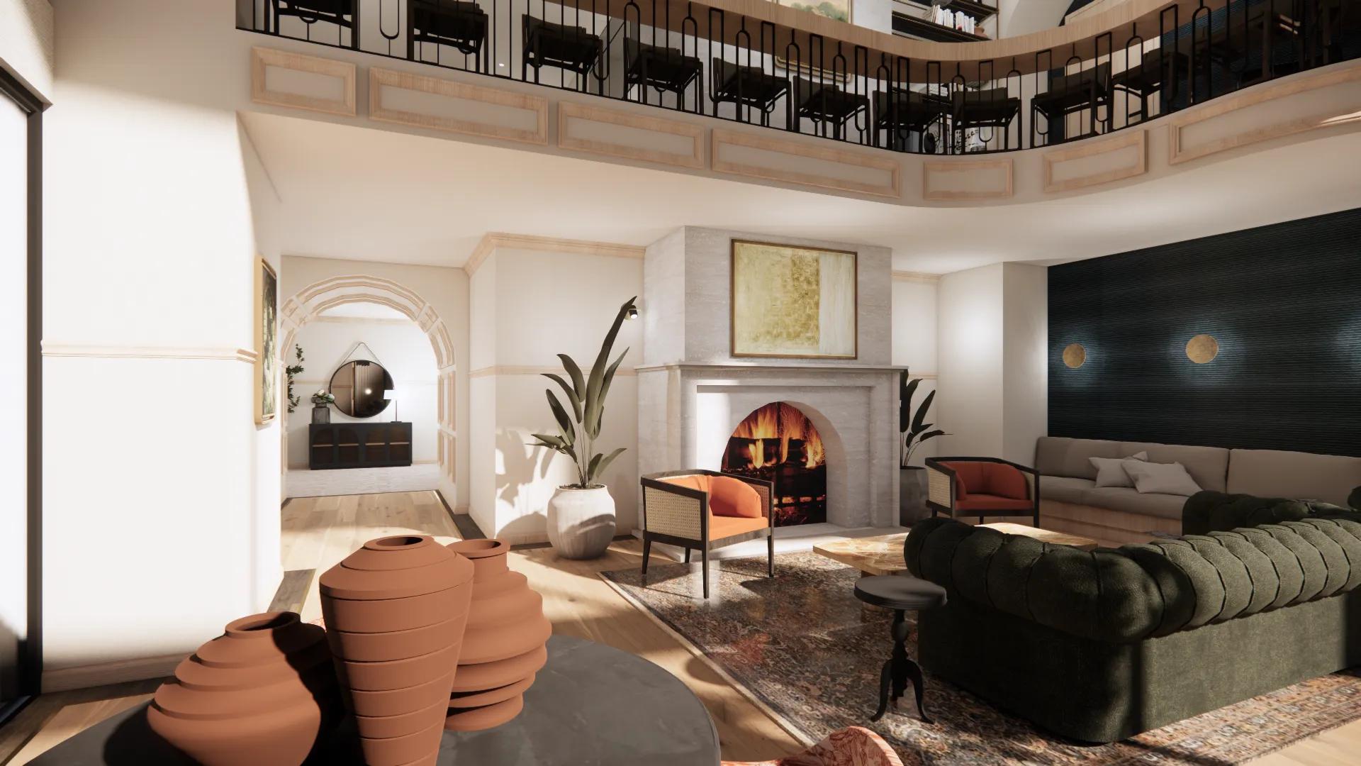 two story clubroom with large fireplace at modera university park apartment homes for rent in denver co