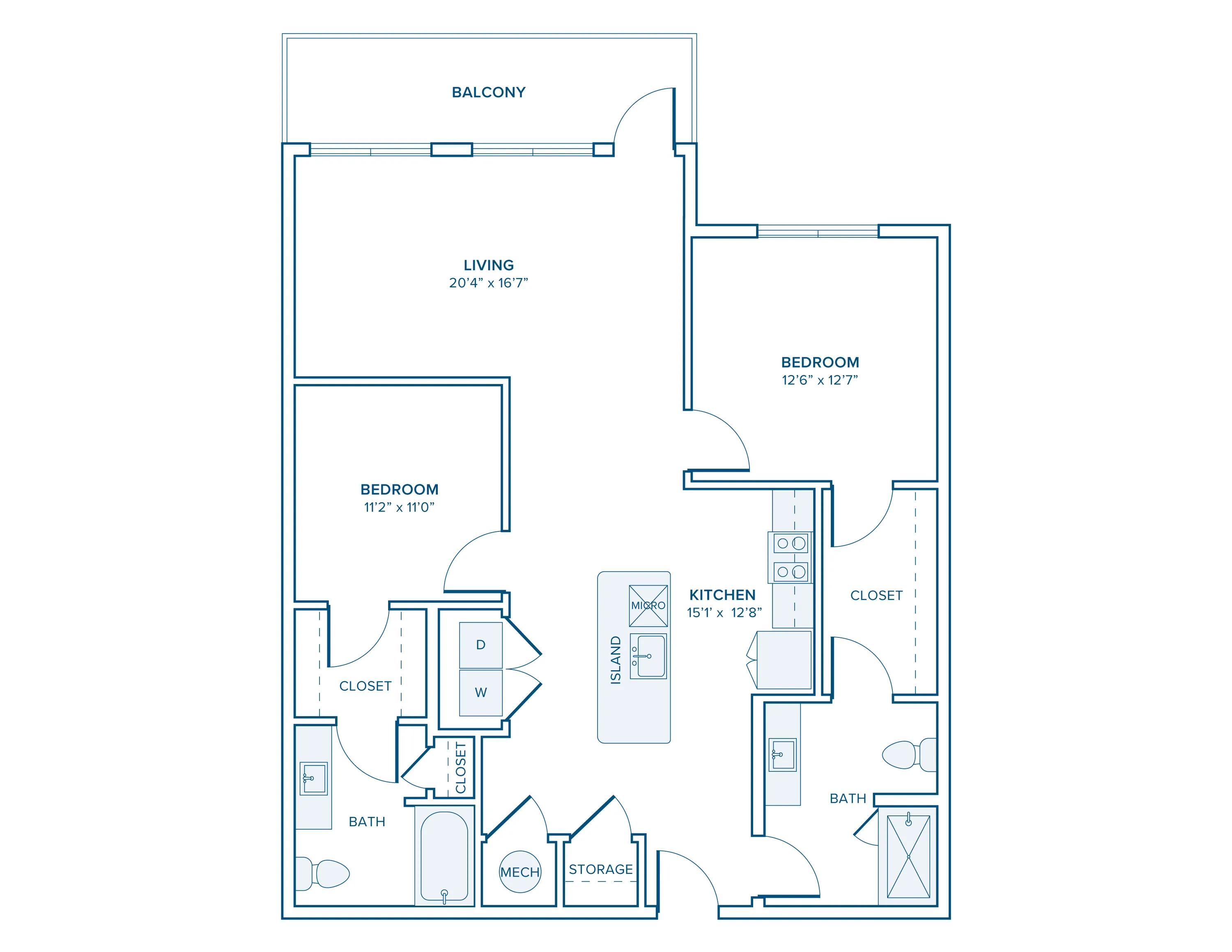1209 square foot two bedroom two bath apartment floorplan in Charlotte, NC