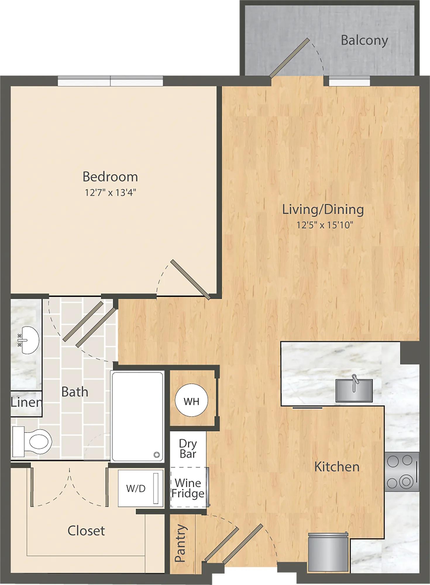 747 square foot one bedroom one bath apartment floor plan in Dallas, TX