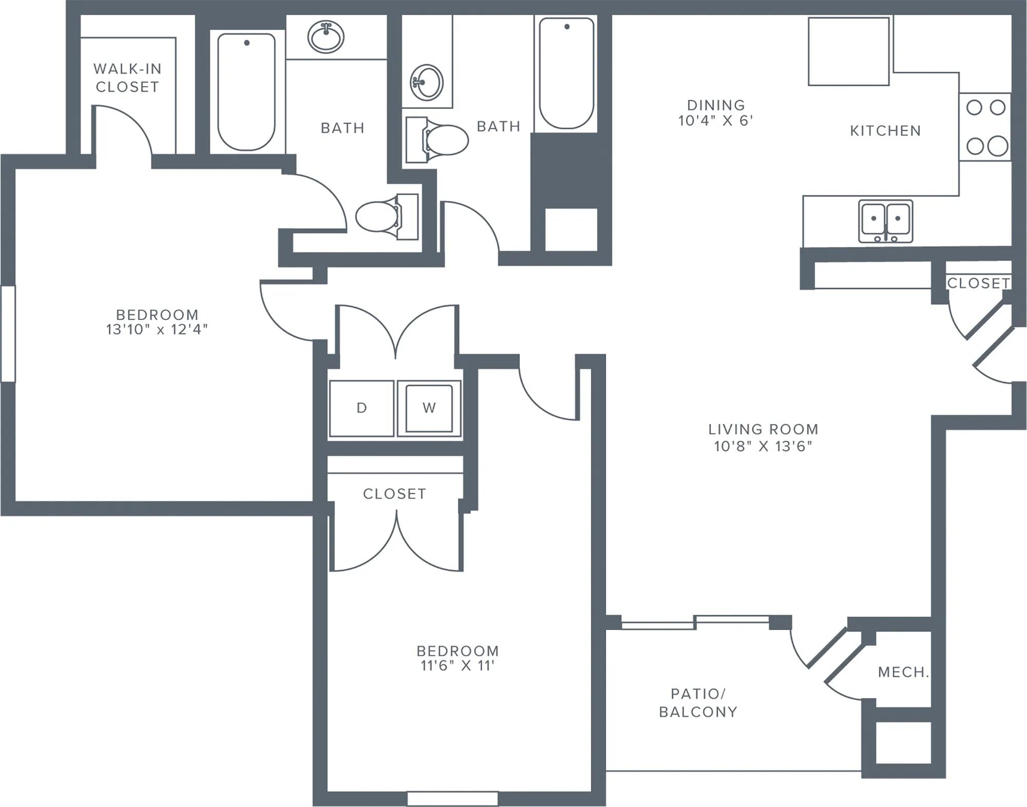 1149 square foot two bedroom two bath apartment floorplan image