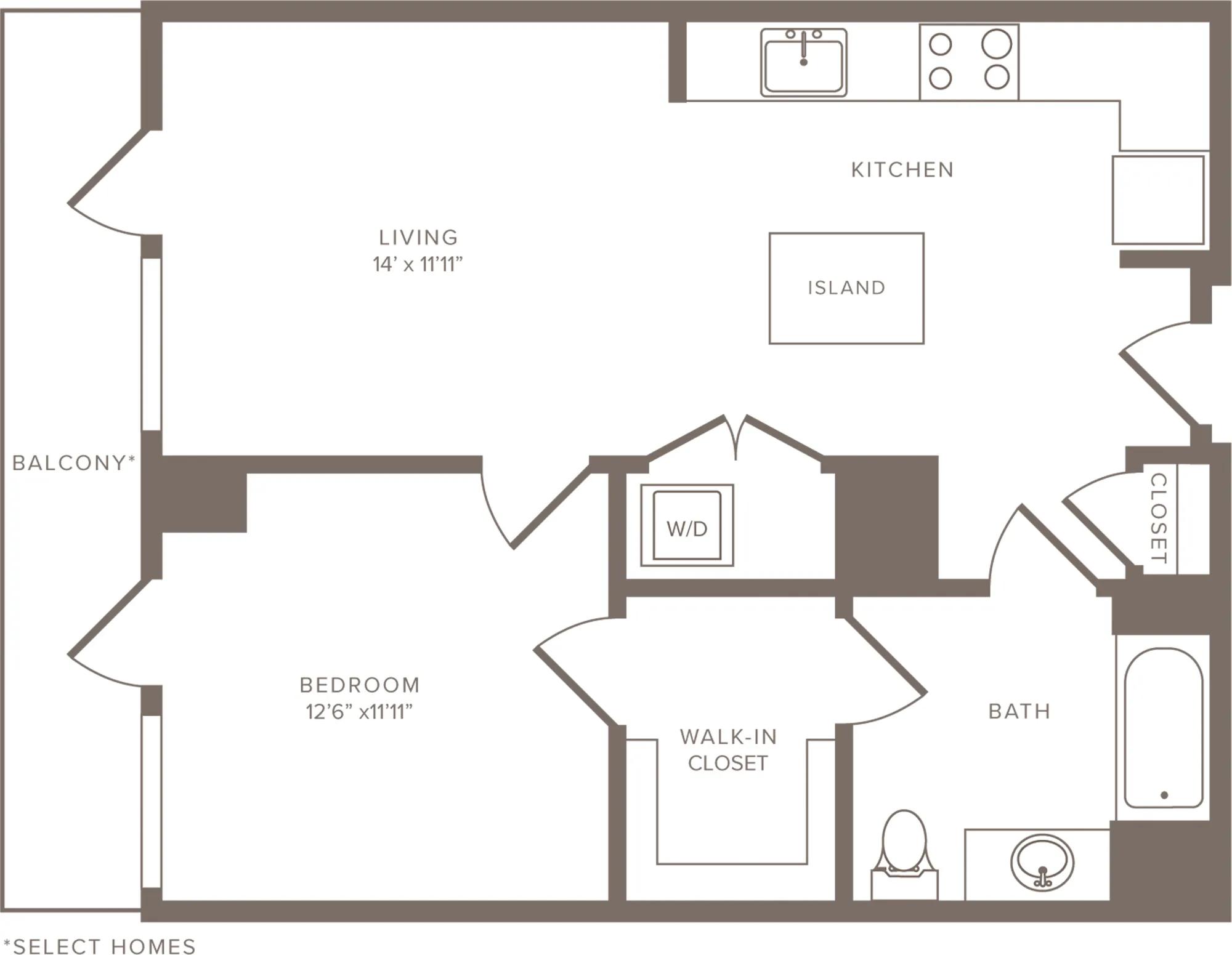 752 square foot one bedroom one bath ADA apartment floorplan image