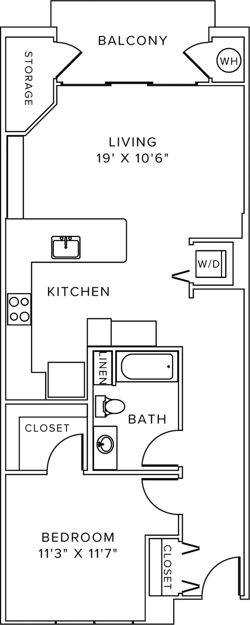 874 square foot one bedroom one bath apartment floorplan image