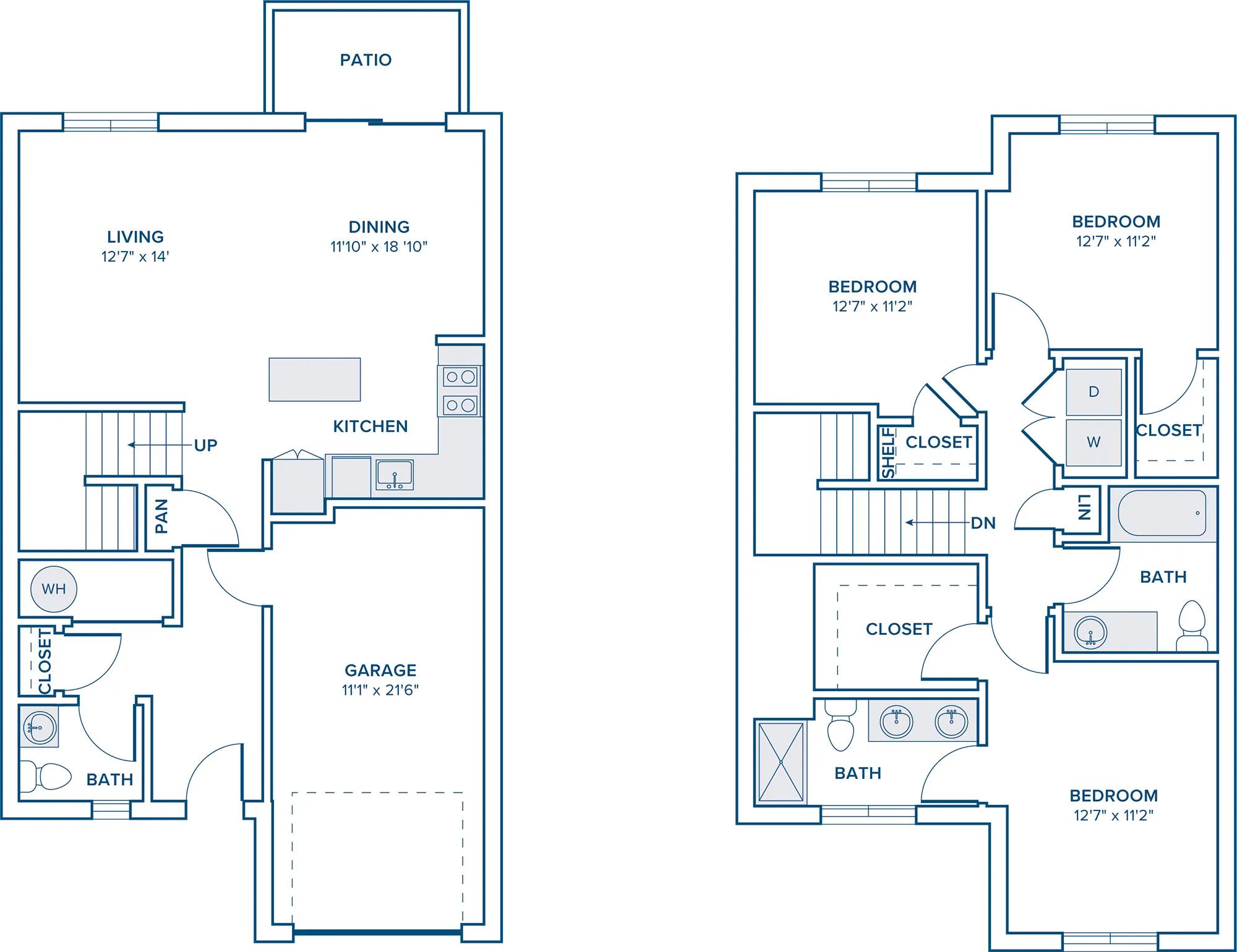 1899 square foot three bedroom two and a half bath townhome floor plan in Marshfield, MA