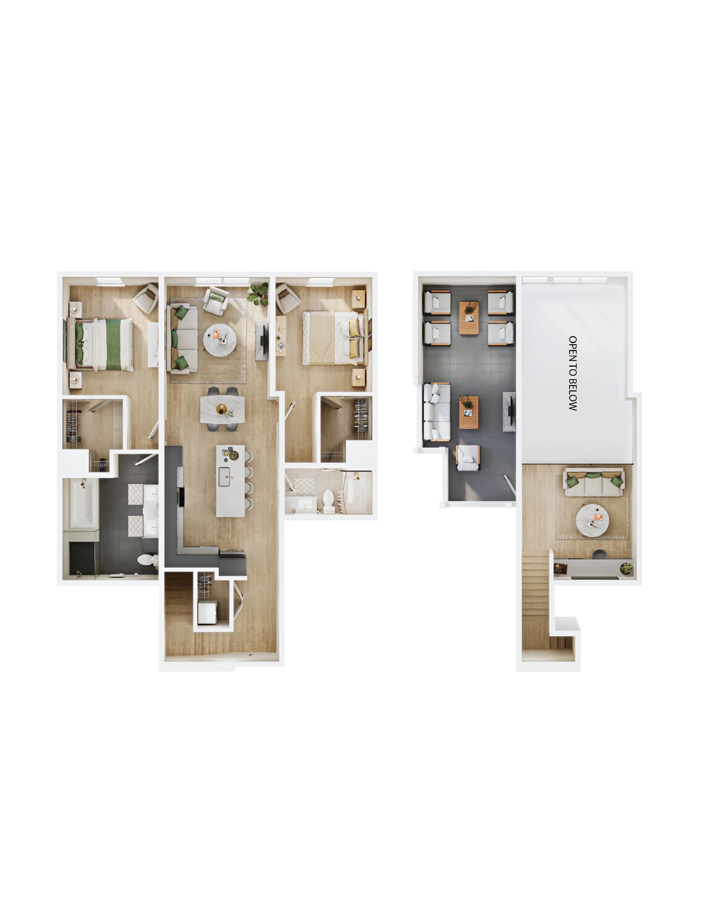 1489 square foot two bedroom two bath with loft apartment floor plan
