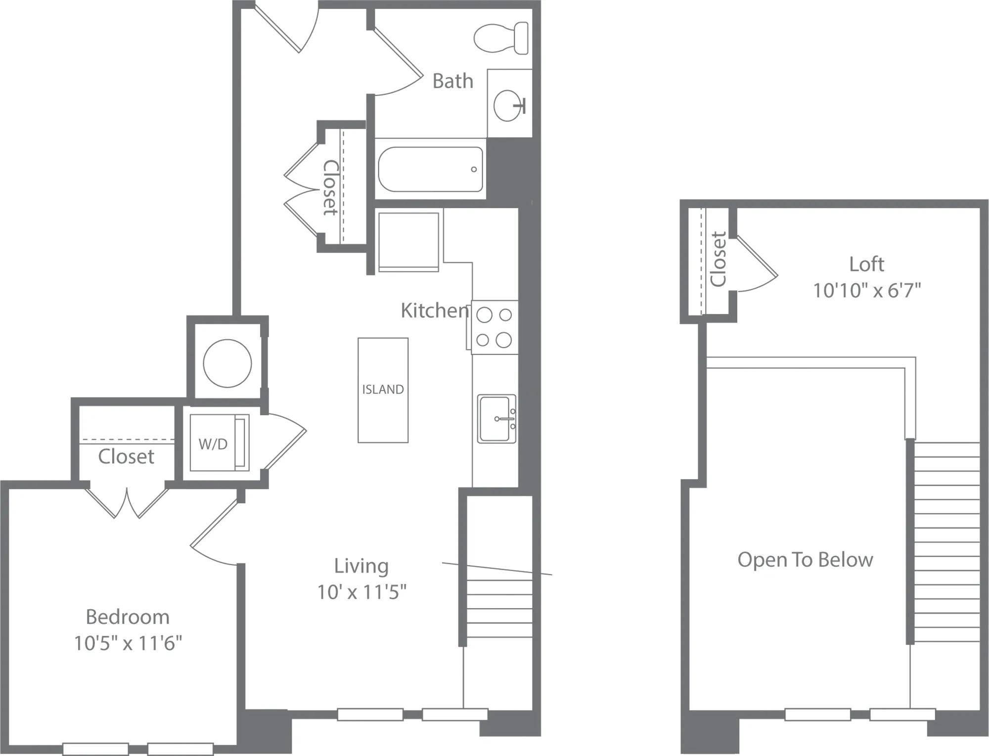 739 square foot one bedroom loft one bath apartment floorplan image