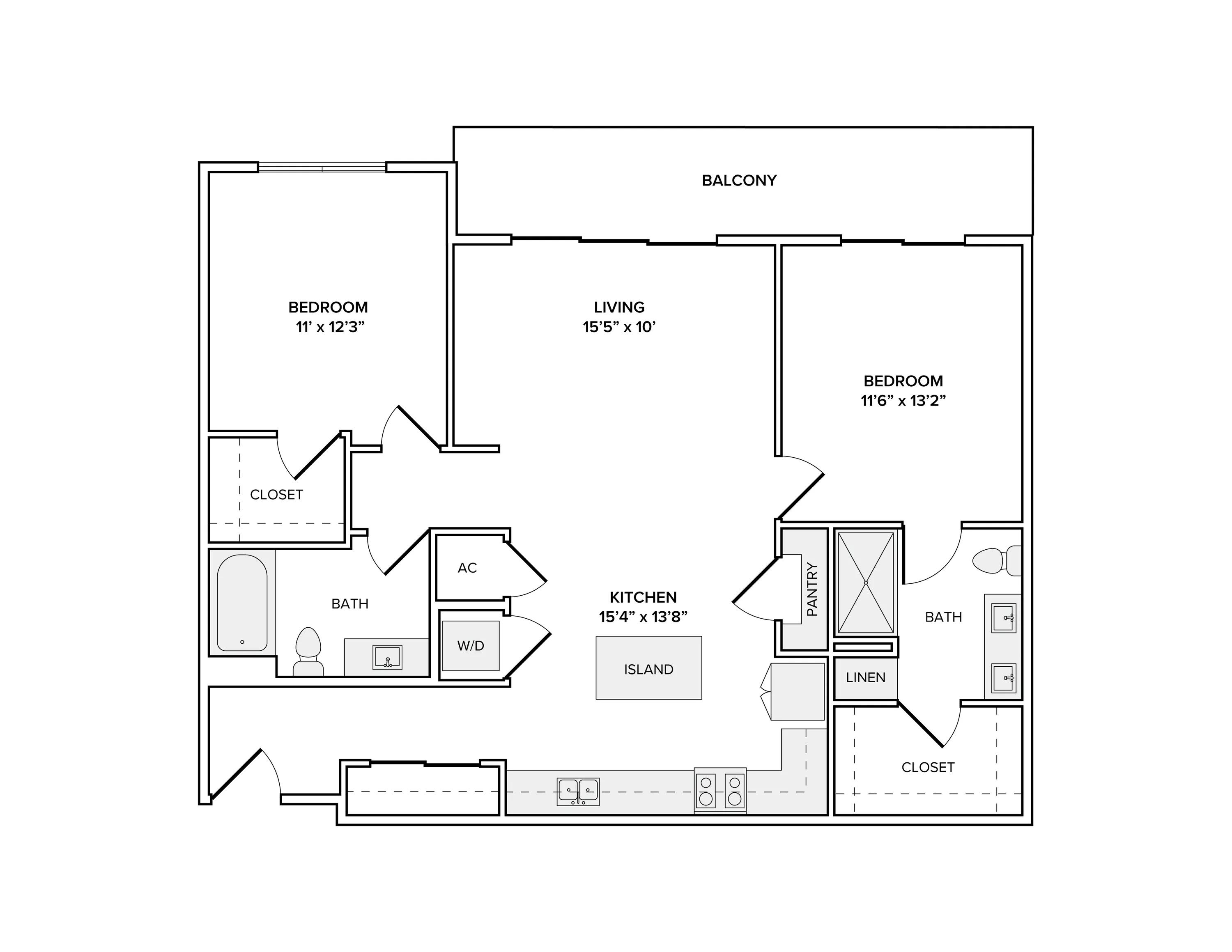 1171 square foot two bed two bath apartment floor plan in Scottsdale, AZ