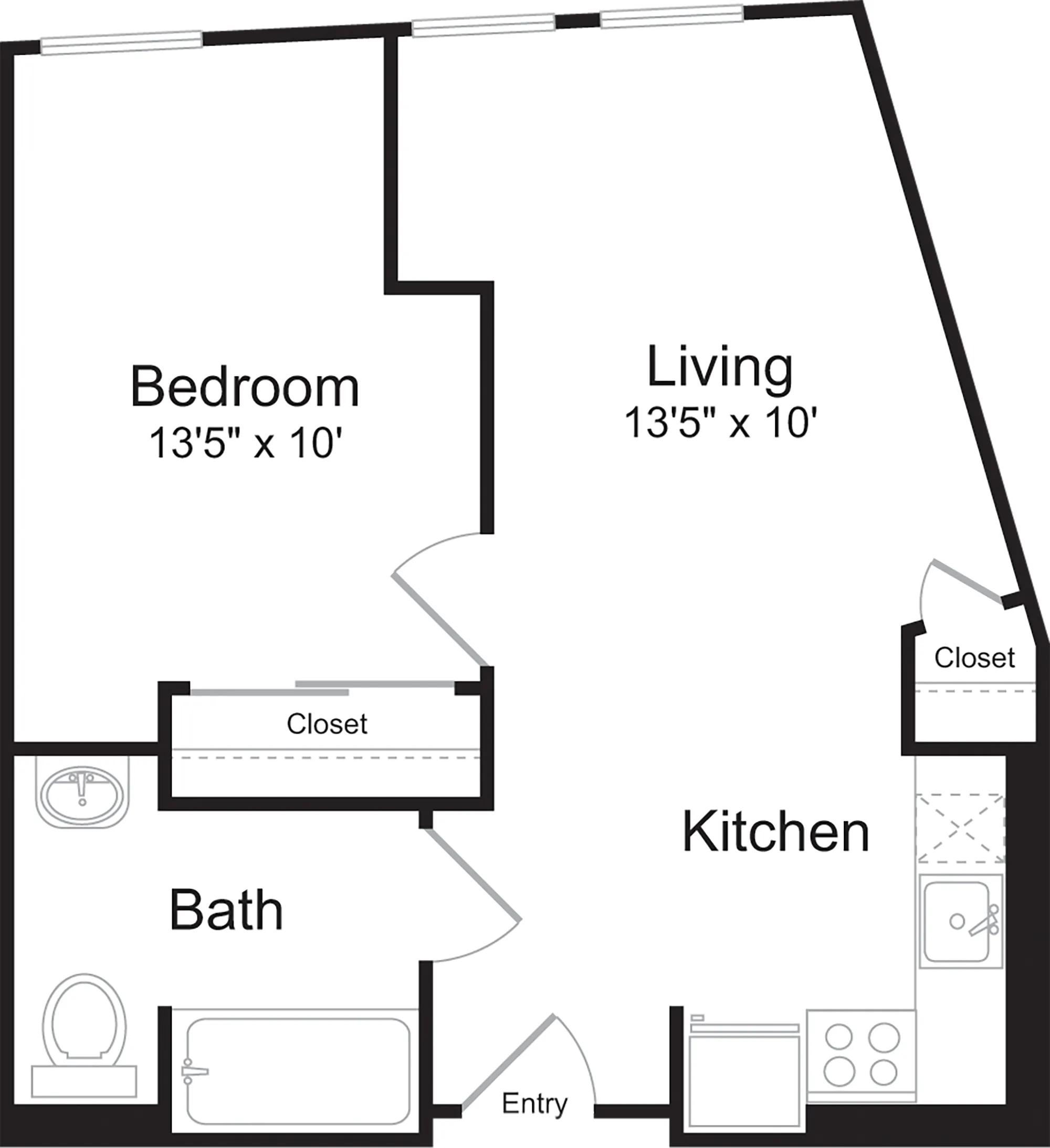 465 square foot one bedroom one story apartment floor plan