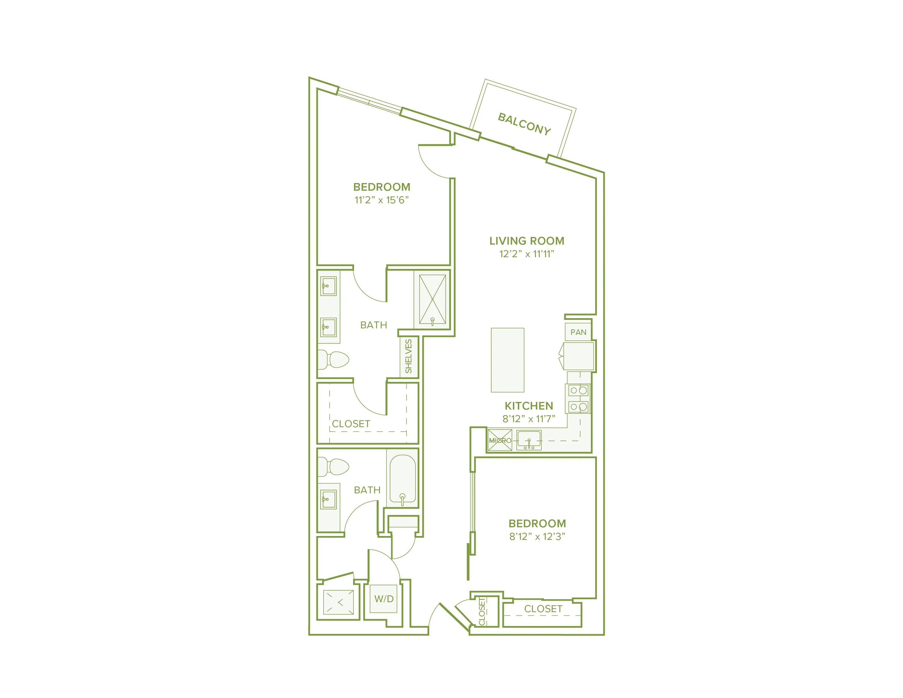 1005 square foot two bed two bath floor plan in Falls Church, VA