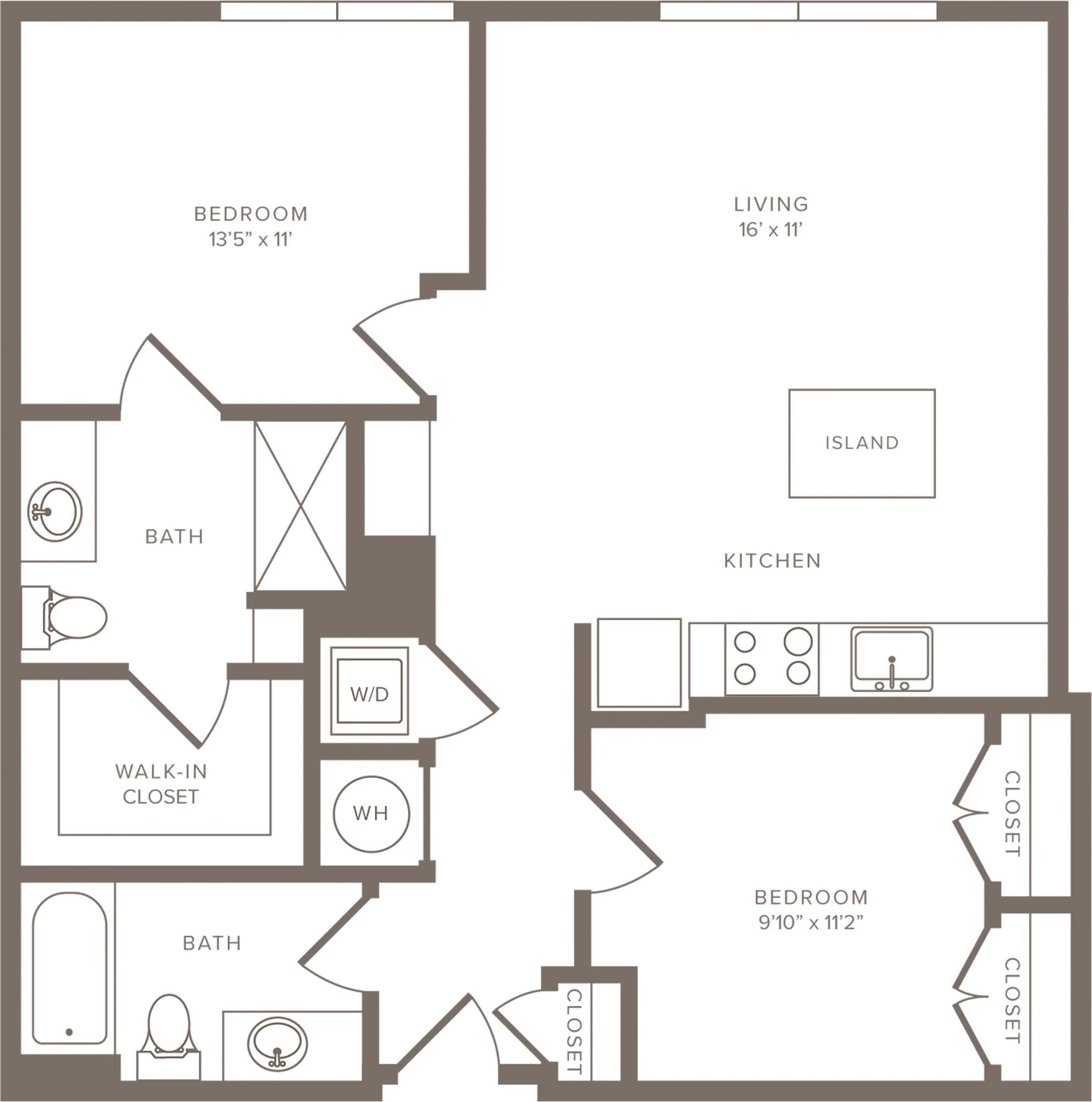 957 square foot two bedroom two bath apartment floorplan image