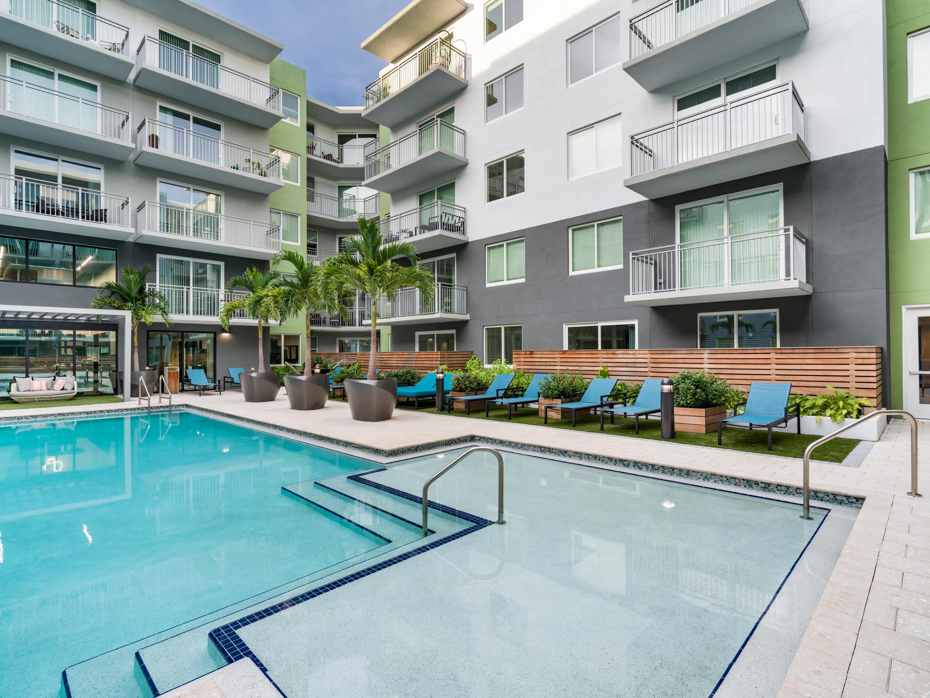 Resort-style swimming pool with a shallow sun shelf, poolside lounge seating, tropical landscaping, and a landscaped courtyard at Modera Encore apartments in Tampa, FL.
