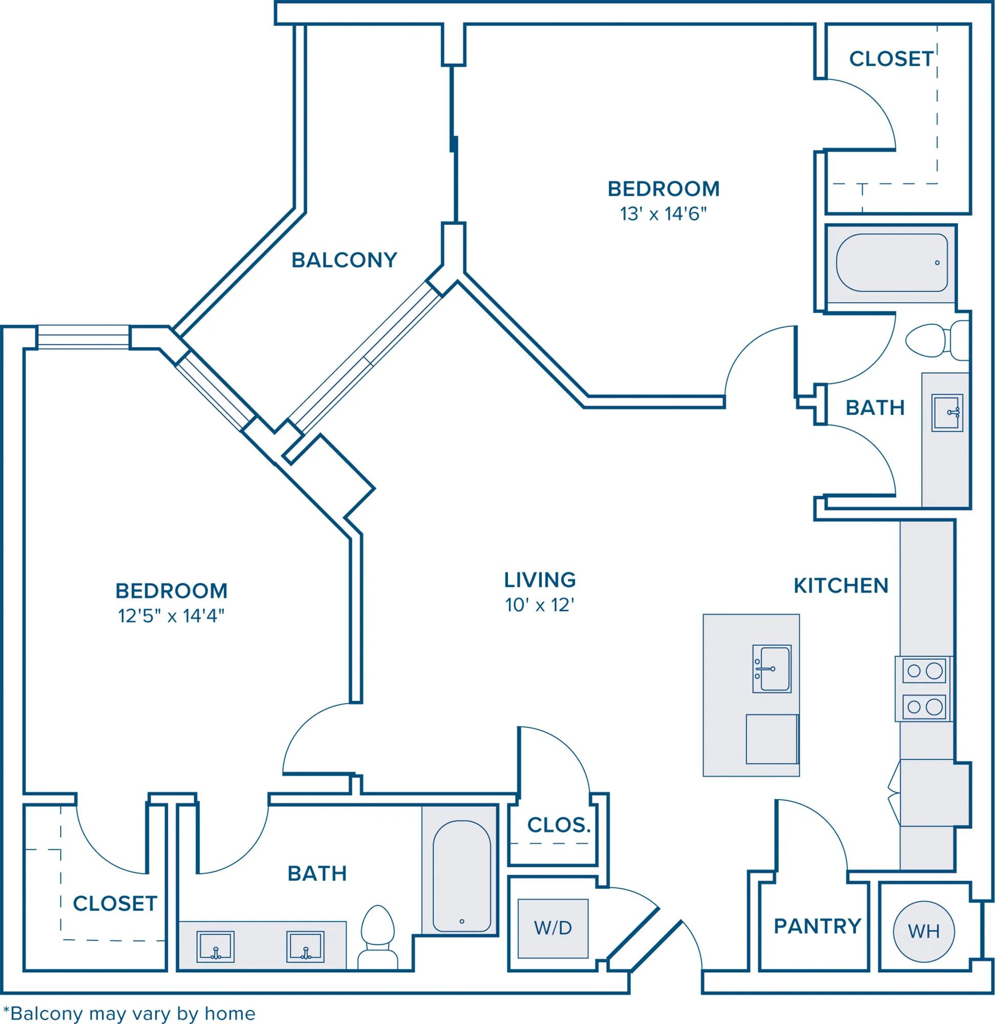 1094 square foot two bed two bath apartment floor plan in Nashville, TN