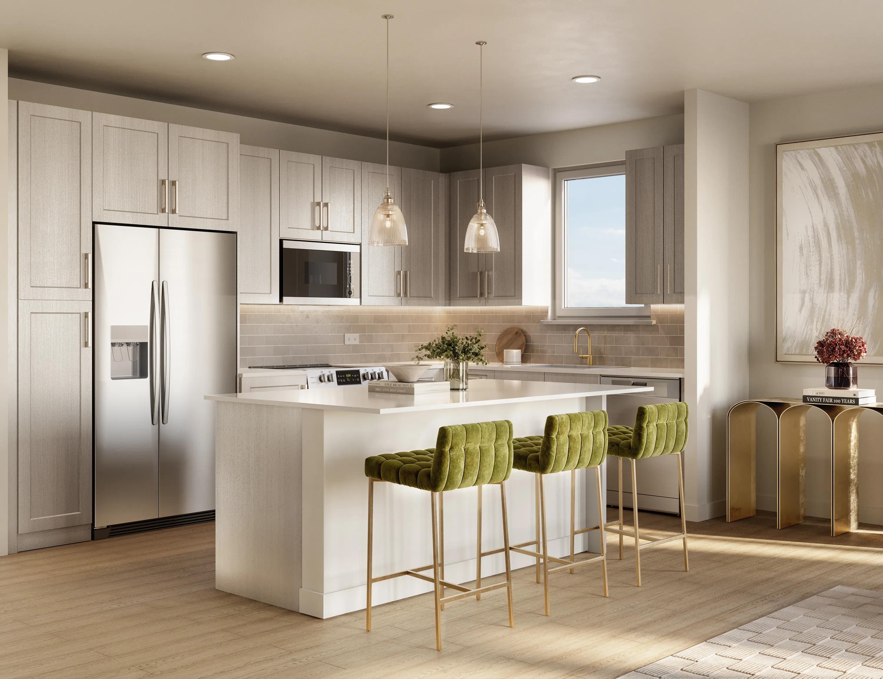 Gourmet kitchens with quartz countertops, 42-inch custom cabinetry with soft close drawers and doors, and under-cabinet lighting  modera walsh heights apartments near fort worth