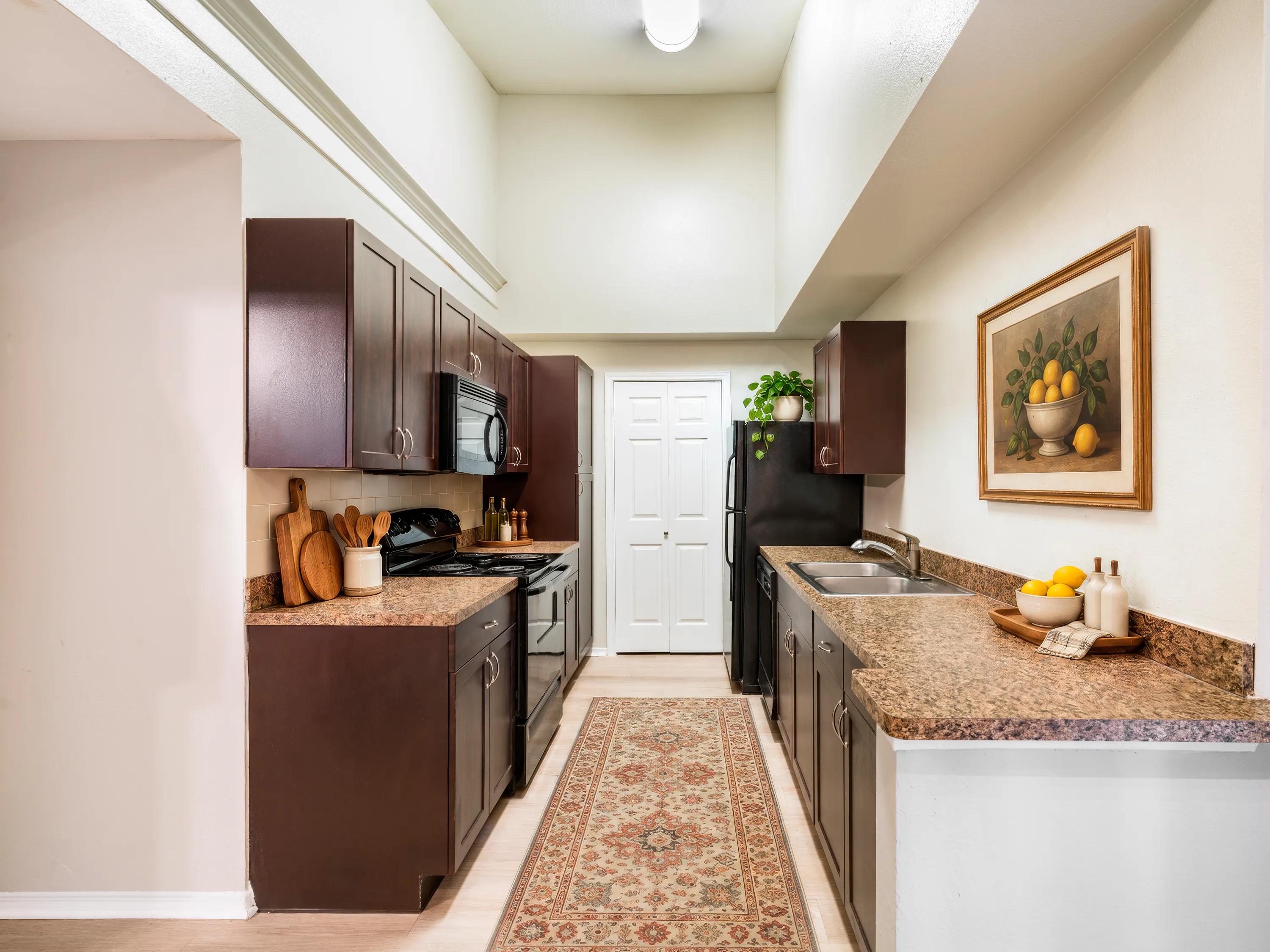 modern kitchen with black appliances alister sunset valley apartment homes for rent in austin tx