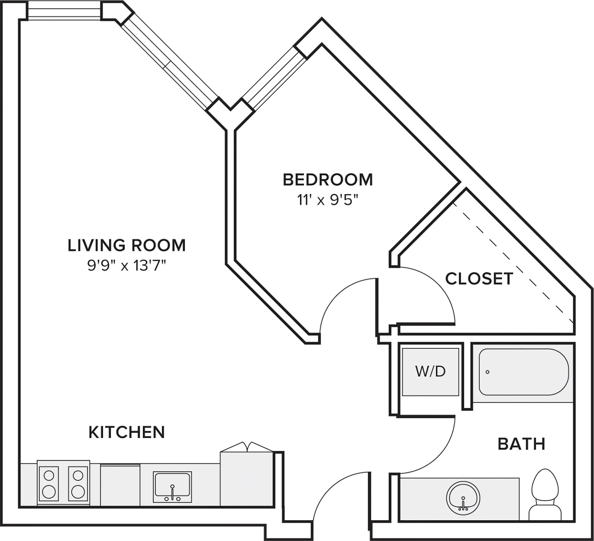 598 square foot one bed one bath apartment floor plan in Portland, OR