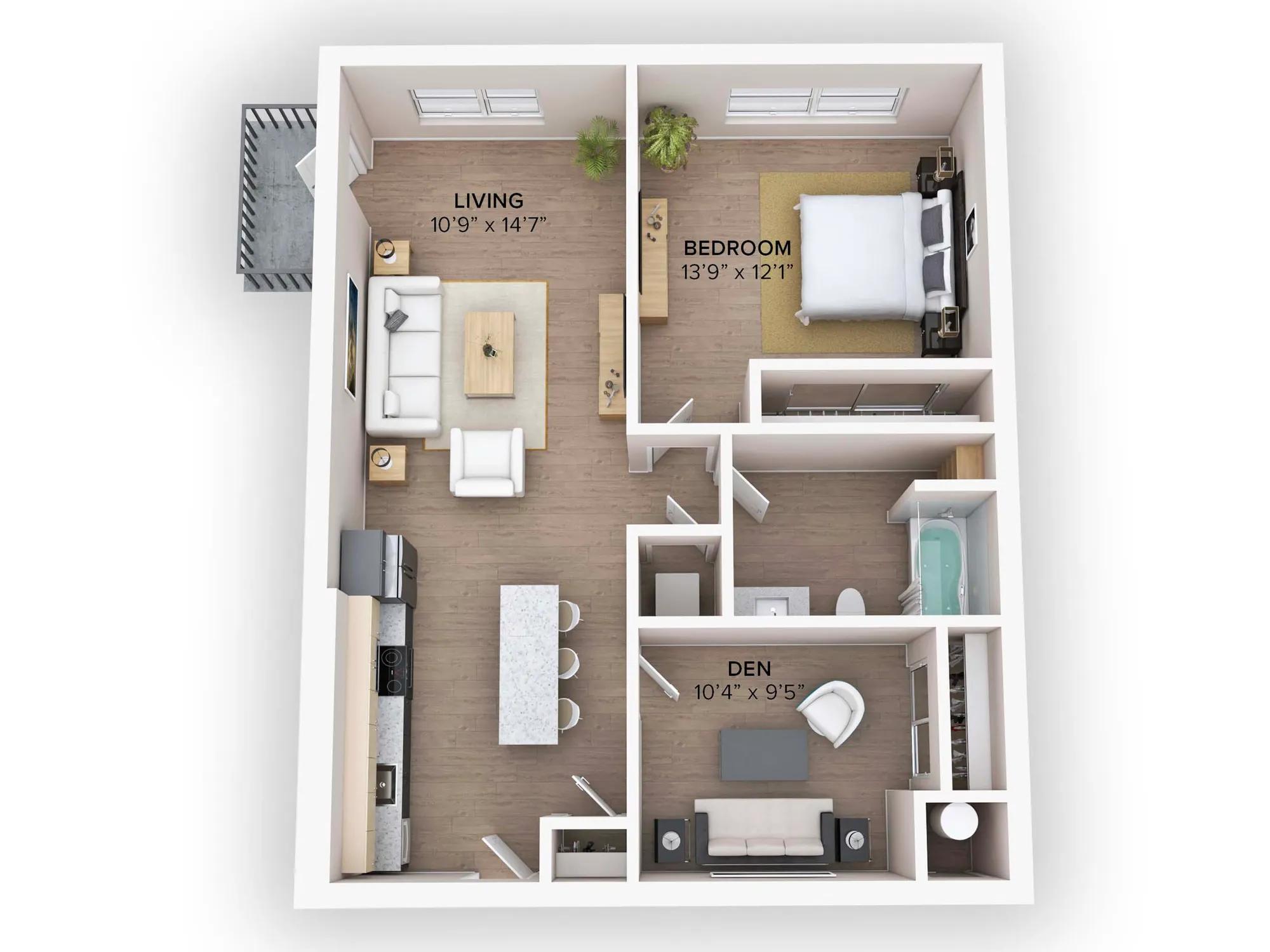 869 square foot one bedroom one bath with den apartment floor plan in Denver, CO